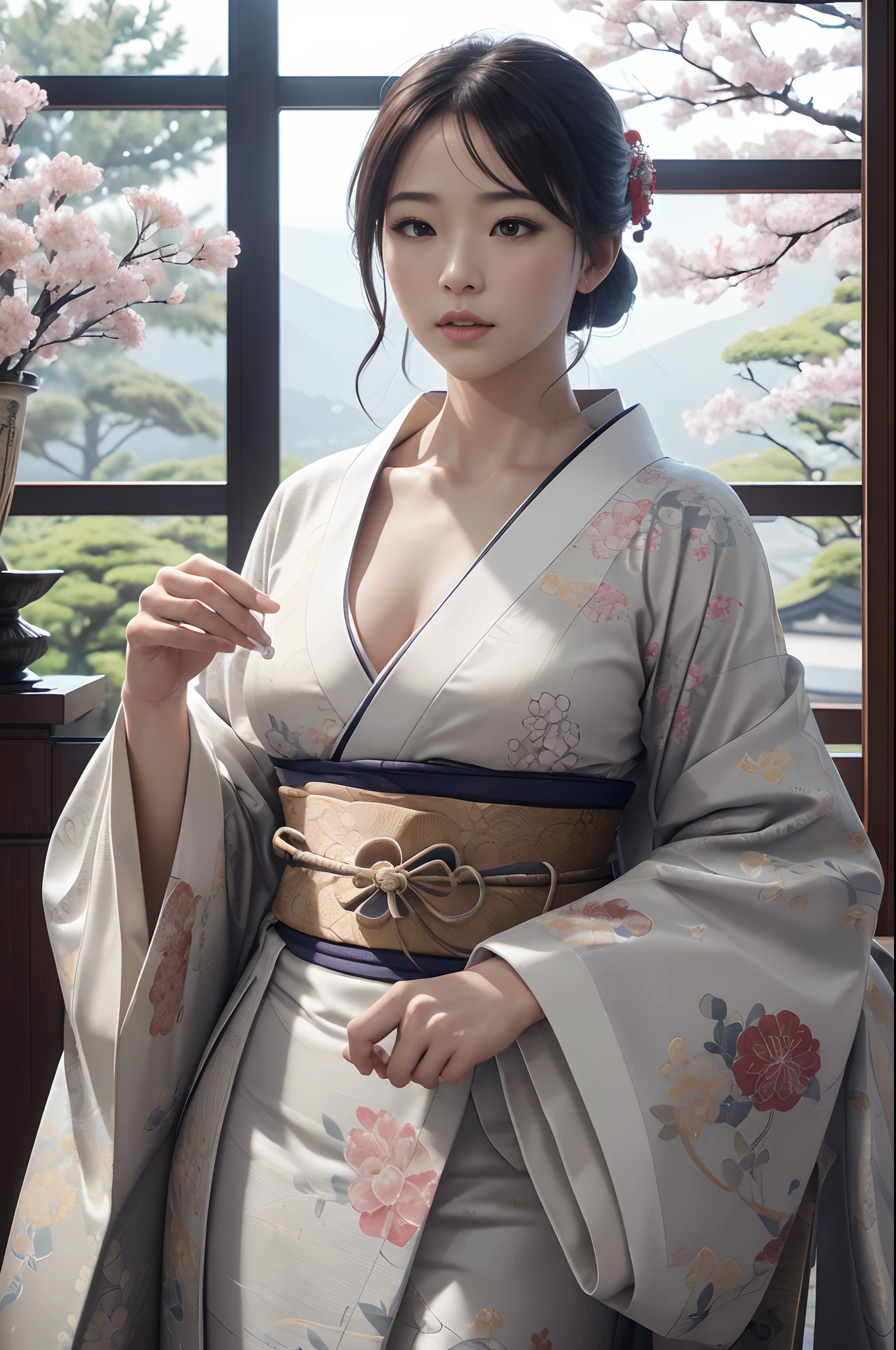traditional Japanese kimono、Chrysanthemum、with floral pattern,Personification of the white snake,(RAW shooting)、(hyper realstic、Top image quality)、8k、(realisitic、photoRealstic:1.3)、masterpiece、超A high resolution、Stunning big、((Beautiful 35 year old Japan:1.3)Crystal clear white skin,Both eyes are closed,sneering,A sexy,Natural soft light、(film grains、FujifilmXT3、8k uhd、Digital SLR、lens)、Hollywood lips、Wide jawline、wide lips、narrow beautiful nose、movie、(Up to 8K resolution for photos、complexly detailed、Convoluted、elegent、Expansiveness、Fantastical)、ultra-detailliert、Insane details、Beautifully color graded、unrealengine、The degree of freedom、Hyper-Resolution、Megapixel、cinematic lightening、Anti-aliasing、FKAA、TXAA、RTX、SSAO、Post-processing、Post Production、tonemapping、CGI、VFX、SFX、Insanely detailed and interesting、Hyper maximalist、hyper realstic、Volumetric、ultra photoreal、ultra -detail、intricate detailes、ultra -detail、fulcolor、Volume Lightning、HDR、reallistic、unrealengine、16K、Foconitide、octan render