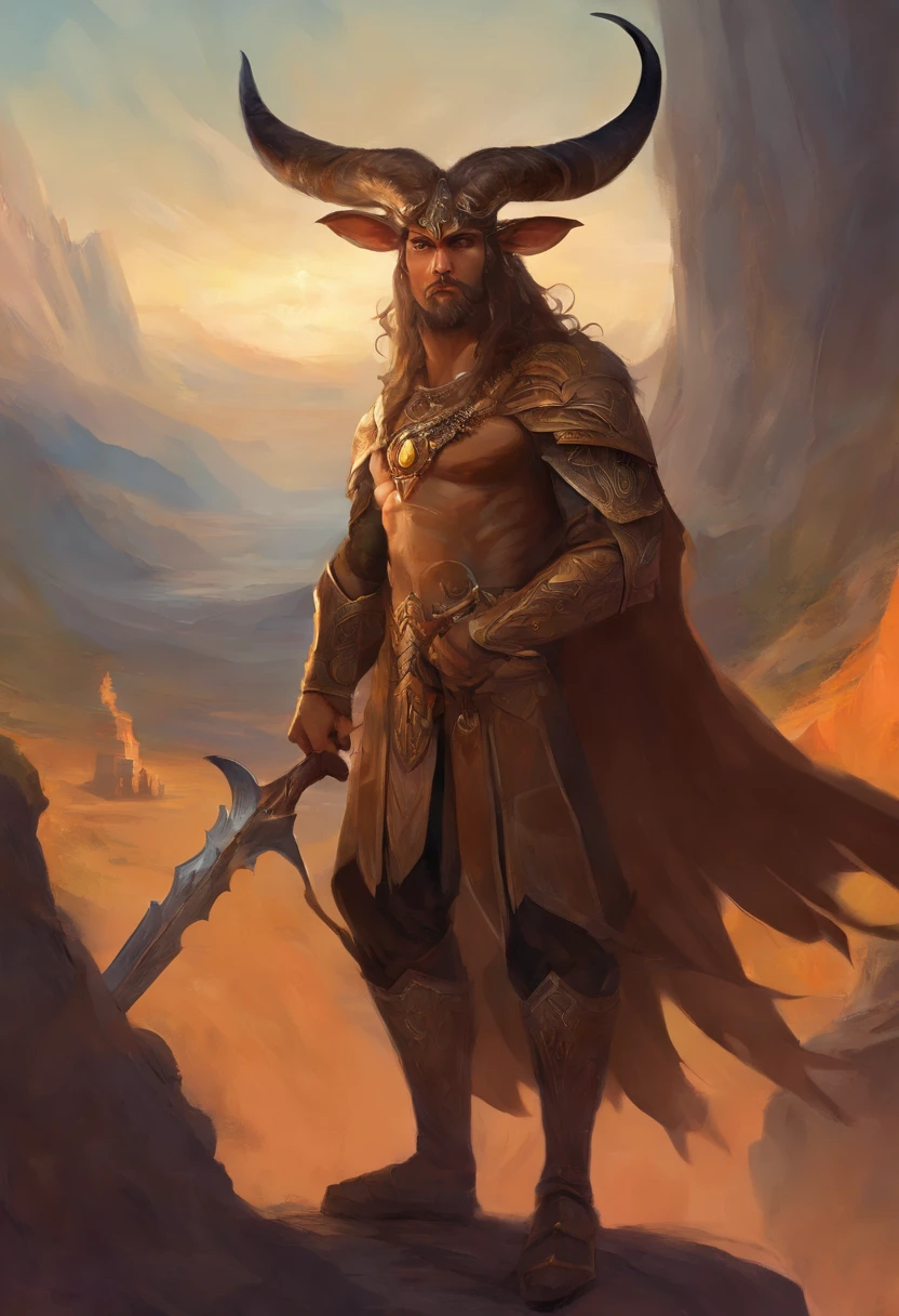 Um majestoso Minotauro, with an imposing Woman's head adorned with deep spiral horns, olhos expressivos, atletic, vestes rasgadas. The bull's skin is dark brown and covered by a thin, pelagem curta. He's on his feet, Pronto para a Batalha, a large axe in one hand and a determined expression on his face.