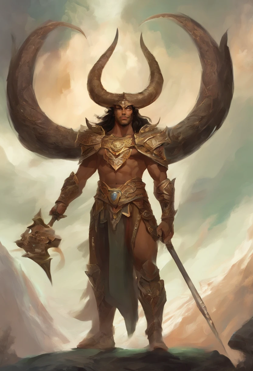 Um majestoso Minotauro, with an imposing Woman's head adorned with deep spiral horns, olhos expressivos, atletic, vestes rasgadas. The bull's skin is dark brown and covered by a thin, pelagem curta. He's on his feet, Pronto para a Batalha, a large axe in one hand and a determined expression on his face.