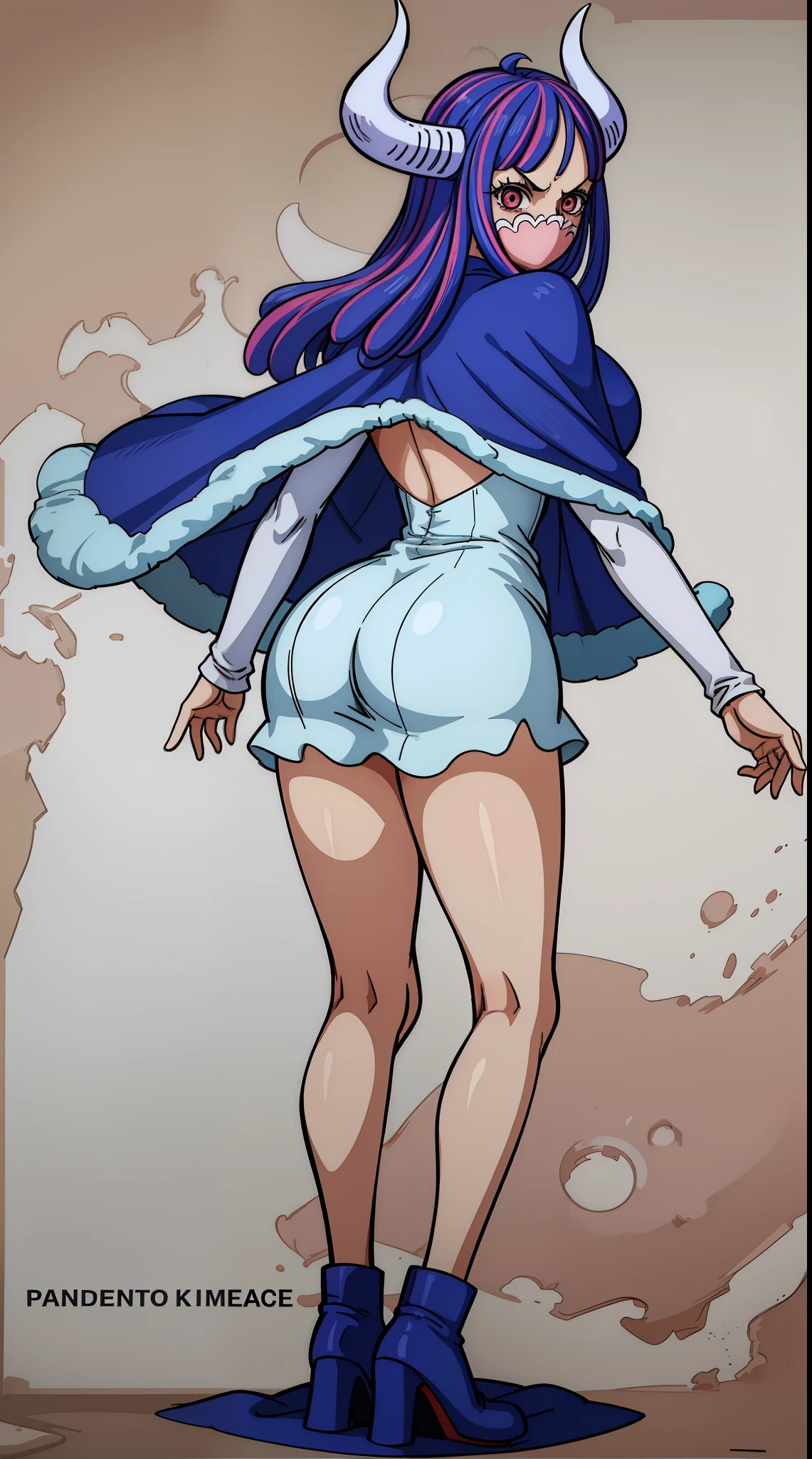 Ulti from one piece, blue hair, red eyes, pink mask, horns, wearing a long-sleeved minidress short skirt, cape, booty, standing, blushing, full body view,