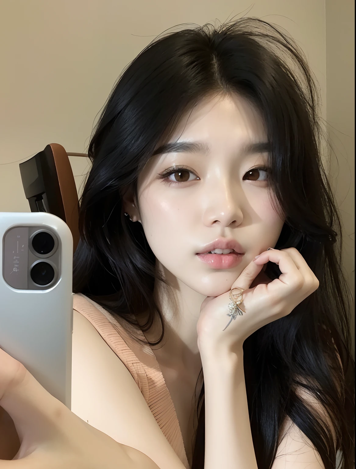 there is a woman taking a selfie with her cell phone, jinyoung shin aesthetic, Cai Xukun, male ulzzang, Jungkook, 1 7 - year - old boy thin face, delicate androgynous prince, inspired by Bian Shoumin, Taehyung eating Gucci fries, kim doyoung, it has a piercing gaze, wan adorable korean face, very aesthetic!!!!!!