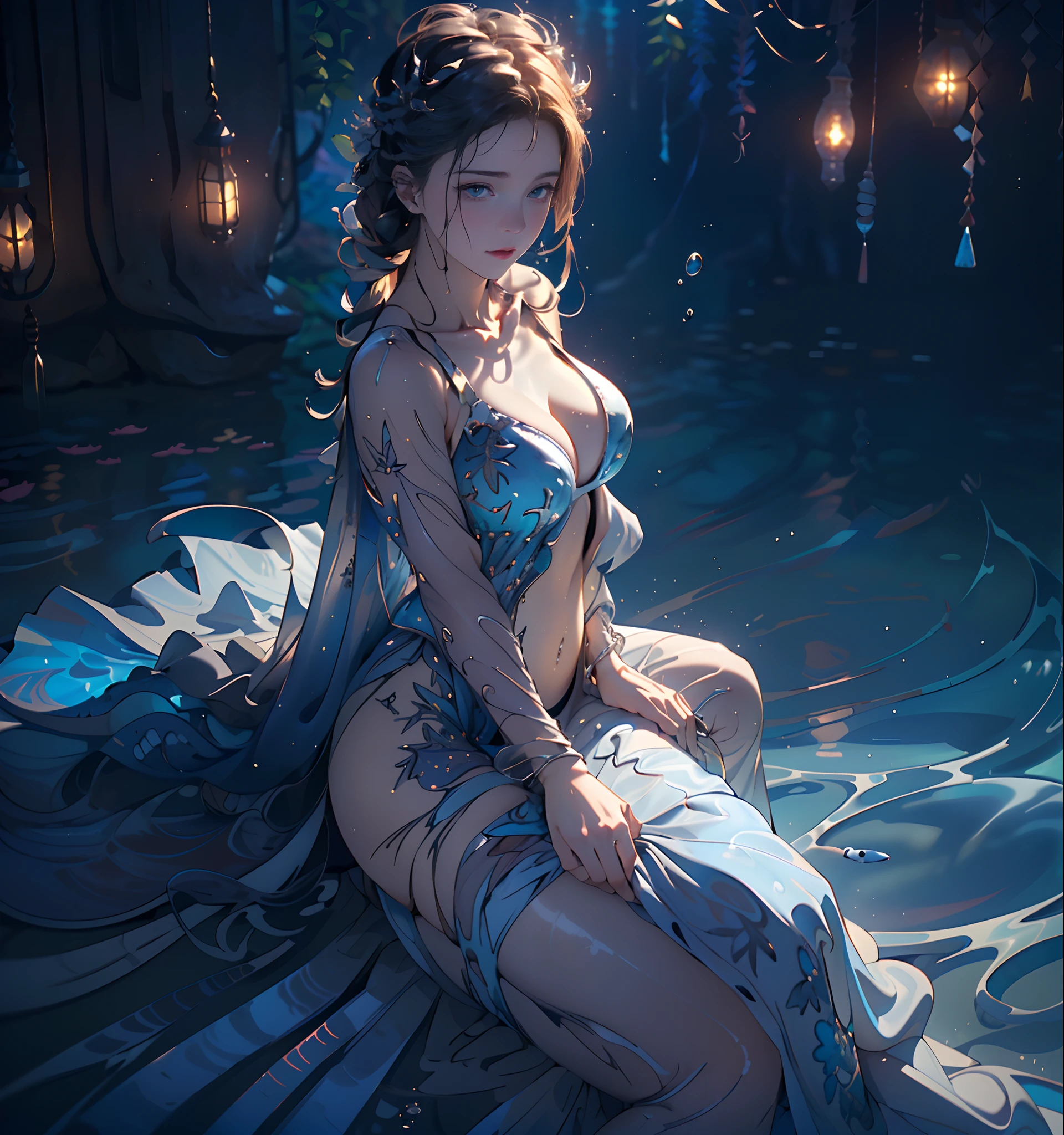 Underwater world Atlantis,abyssal,Underwater world,cold shades,Epic reality,(hdr: 1.4),1female,30 age old,Supine position,submerged in the water,Titanic,legs separated,Arms spread wide
