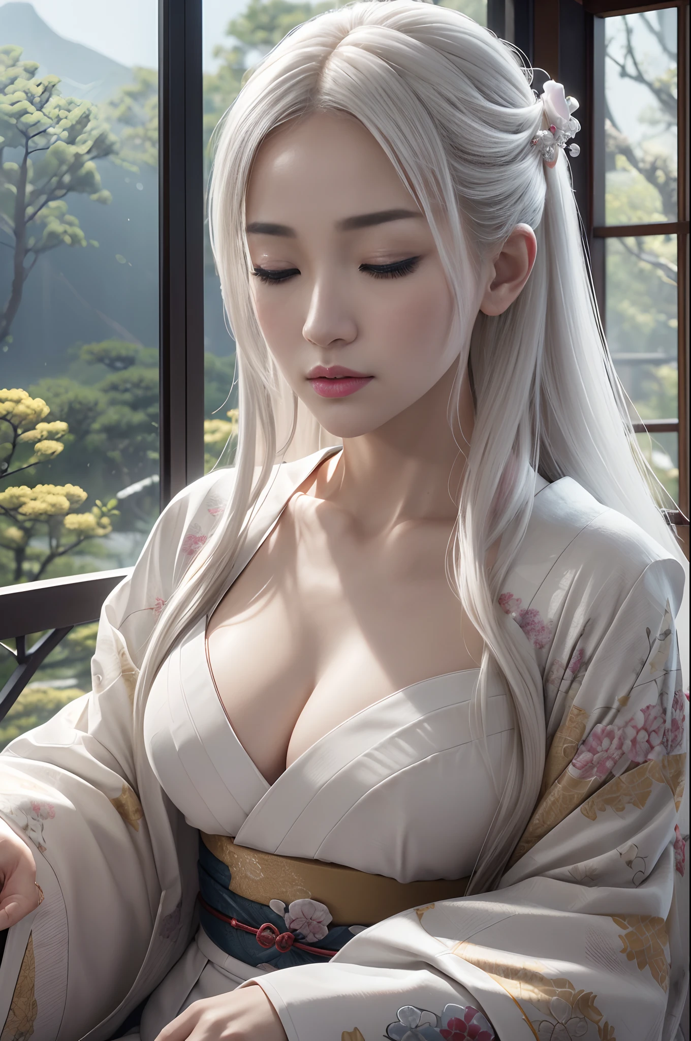 traditional Japanese kimono、Chrysanthemum、with floral pattern,Personification of the white snake,long white hair,(RAW shooting)、(hyper realstic、Top image quality)、8k、(realisitic、photoRealstic:1.3)、​masterpiece、超A high resolution、Stunning big、((Beautiful 35 year old Japan:1.3)Crystal clear white skin,Both eyes are closed,sneering,A sexy,Natural soft light、(film grains、FujifilmXT3、8k uhd、Digital SLR、lens)、Hollywood lips、Wide jawline、wide lips、narrow beautiful nose、movie、(Up to 8K resolution for photos、complexly detailed、Convoluted、elegent、Expansiveness、Fantastical)、ultra-detailliert、Insane details、Beautifully color graded、unrealengine、The degree of freedom、Hyper-Resolution、Megapixel、cinematic lightening、Anti-aliasing、FKAA、TXAA、RTX、SSAO、Post-processing、Post Production、tonemapping、CGI、VFX、SFX、Insanely detailed and interesting、Hyper maximalist、hyper realstic、Volumetric、ultra photoreal、ultra -detail、intricate detailes、ultra -detail、fulcolor、Volume Lightning、HDR、reallistic、unrealengine、16K、Foconitide、octan render