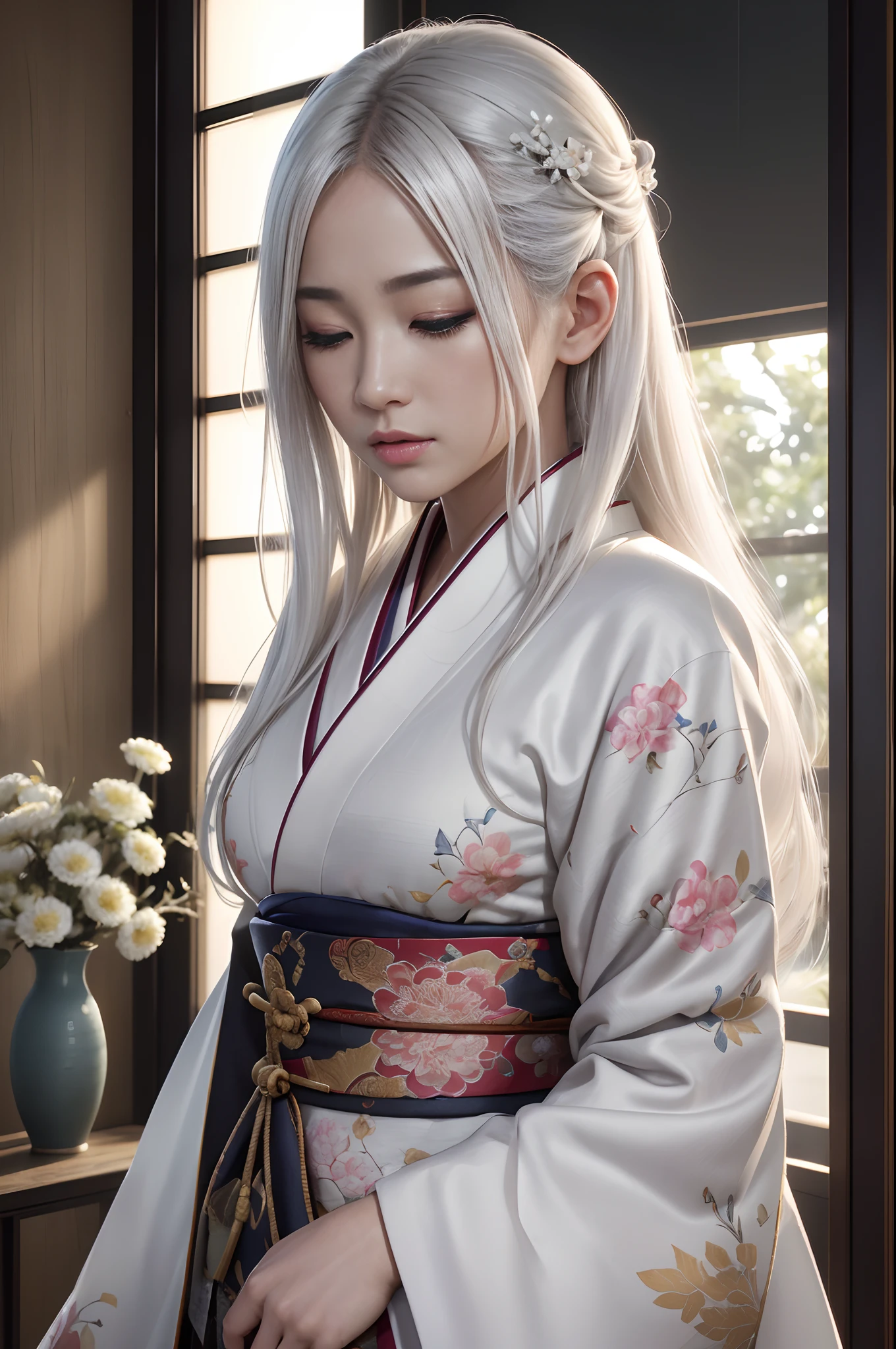 traditional Japanese kimono、Chrysanthemum、with floral pattern,Personification of the white snake,long white hair,(RAW shooting)、(hyper realstic、Top image quality)、8k、(realisitic、photoRealstic:1.3)、masterpiece、超A high resolution、Stunning big、((Beautiful 35 year old Japan:1.3)Crystal clear white skin,Both eyes are closed,sneering,A sexy,Natural soft light、(film grains、FujifilmXT3、8k uhd、Digital SLR、lens)、Hollywood lips、Wide jawline、wide lips、narrow beautiful nose、movie、(Up to 8K resolution for photos、complexly detailed、Convoluted、elegent、Expansiveness、Fantastical)、ultra-detailliert、Insane details、Beautifully color graded、unrealengine、The degree of freedom、Hyper-Resolution、Megapixel、cinematic lightening、Anti-aliasing、FKAA、TXAA、RTX、SSAO、Post-processing、Post Production、tonemapping、CGI、VFX、SFX、Insanely detailed and interesting、Hyper maximalist、hyper realstic、Volumetric、ultra photoreal、ultra -detail、intricate detailes、ultra -detail、fulcolor、Volume Lightning、HDR、reallistic、unrealengine、16K、Foconitide、octan render