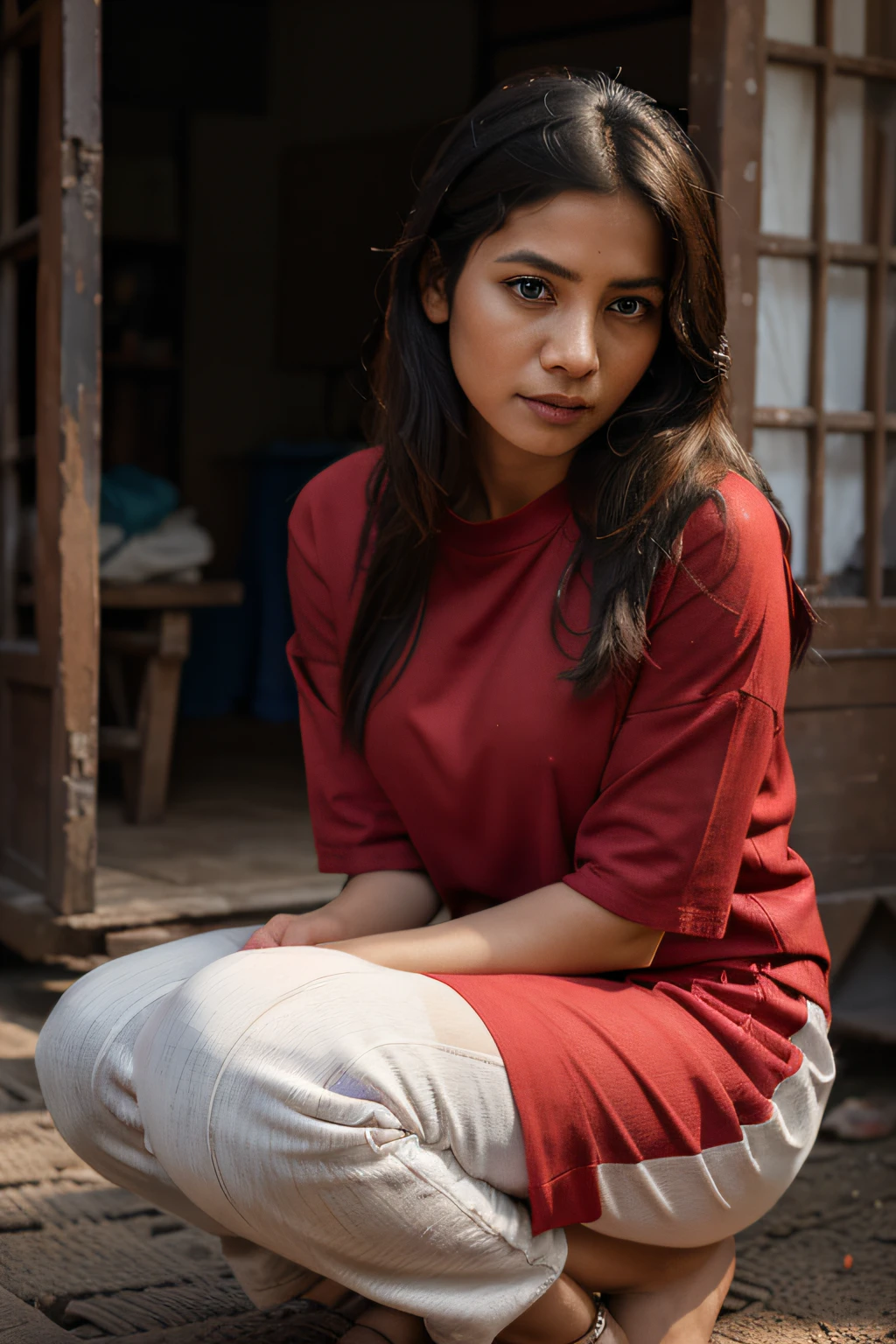 arafed woman crouching, oversized red t-shirt and blue track pants, photo of a woman, mid shot portrait, candid picture, 7 0 mm portrait, photo of young woman, 60mm portrait, candid portrait photo, wearing bihu dress mekhela sador, portait image, candid portrait, taken with canon eos 5 d mark iv