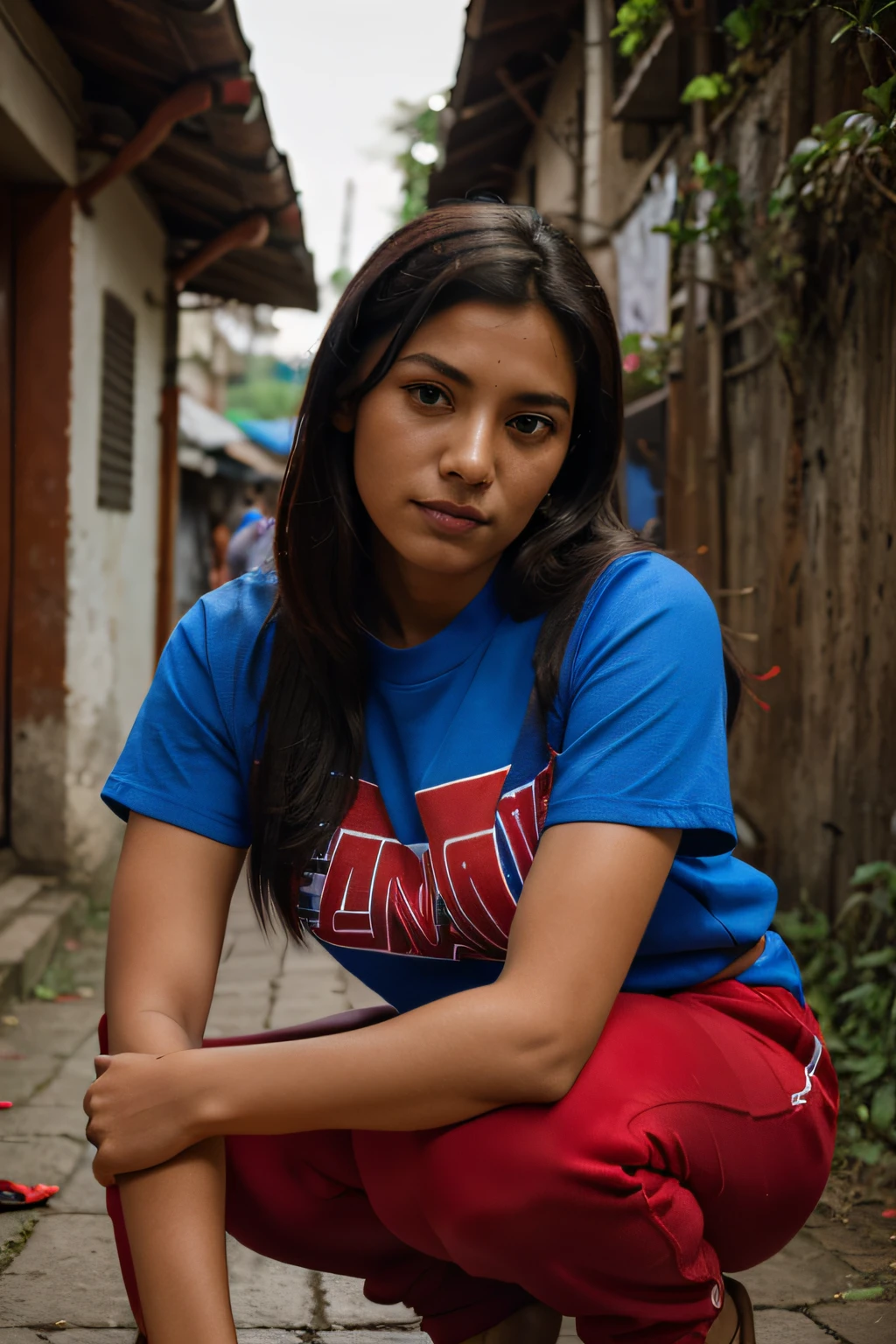 arafed woman crouching, oversized red t-shirt and blue track pants, photo of a woman, mid shot portrait, candid picture, 7 0 mm portrait, photo of young woman, 60mm portrait, candid portrait photo, wearing bihu dress mekhela sador, portait image, candid portrait, taken with canon eos 5 d mark iv