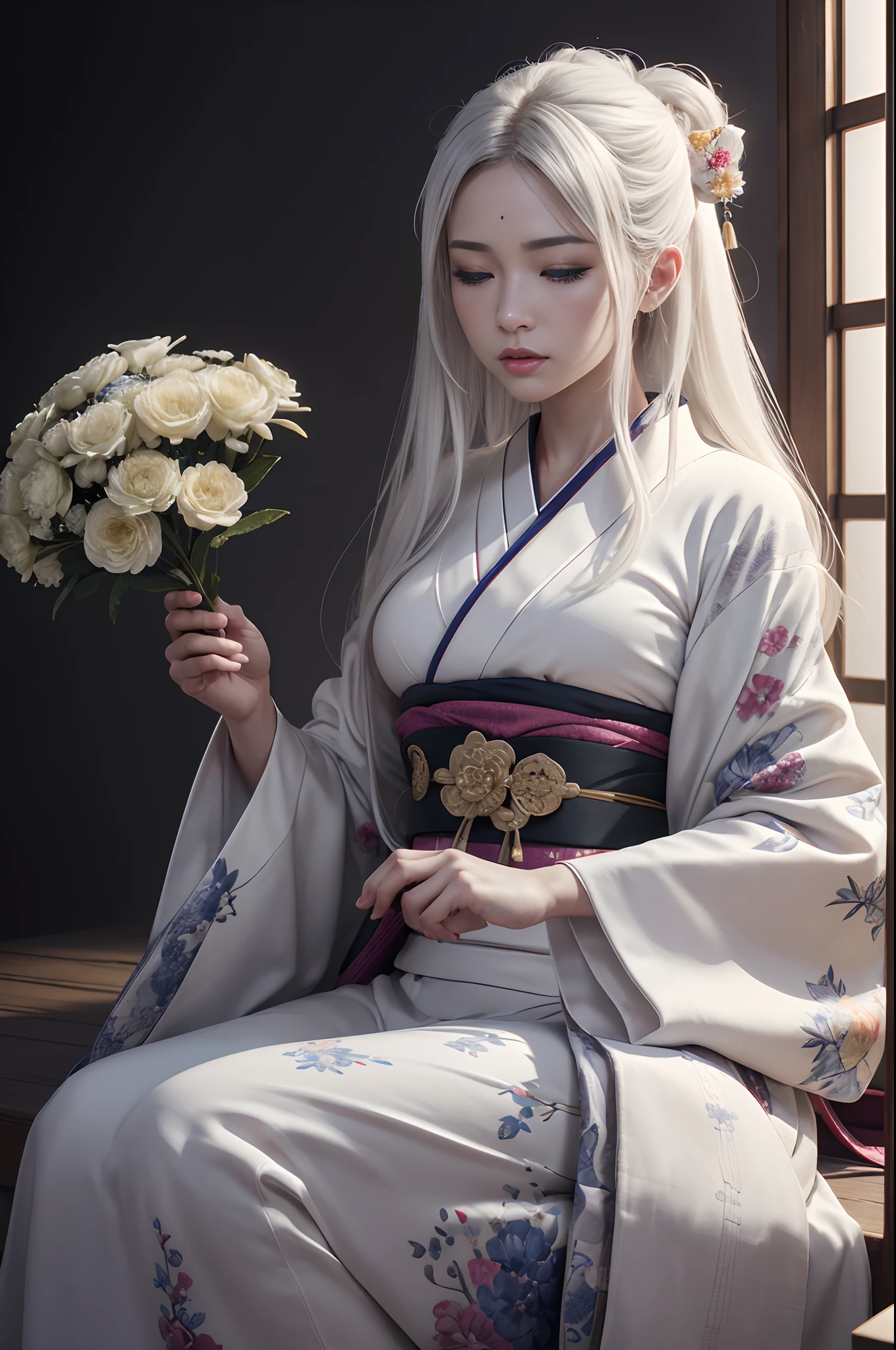 traditional Japanese kimono、Chrysanthemum、with floral pattern,Personification of the white snake,long white hair,Holding a dagger,(RAW shooting)、(hyper realstic、Top image quality)、8k、(realisitic、photoRealstic:1.3)、masterpiece、超A high resolution、Stunning big、((Beautiful 35 year old Japan:1.3)Crystal clear white skin,Both eyes are closed,sneering,A sexy,Natural soft light、(film grains、FujifilmXT3、8k uhd、Digital SLR、lens)、Hollywood lips、Wide jawline、wide lips、narrow beautiful nose、movie、(Up to 8K resolution for photos、complexly detailed、Convoluted、elegent、Expansiveness、Fantastical)、ultra-detailliert、Insane details、Beautifully color graded、unrealengine、The degree of freedom、Hyper-Resolution、Megapixel、cinematic lightening、Anti-aliasing、FKAA、TXAA、RTX、SSAO、Post-processing、Post Production、tonemapping、CGI、VFX、SFX、Insanely detailed and interesting、Hyper maximalist、hyper realstic、Volumetric、ultra photoreal、ultra -detail、intricate detailes、ultra -detail、fulcolor、Volume Lightning、HDR、reallistic、unrealengine、16K、Foconitide、octan render