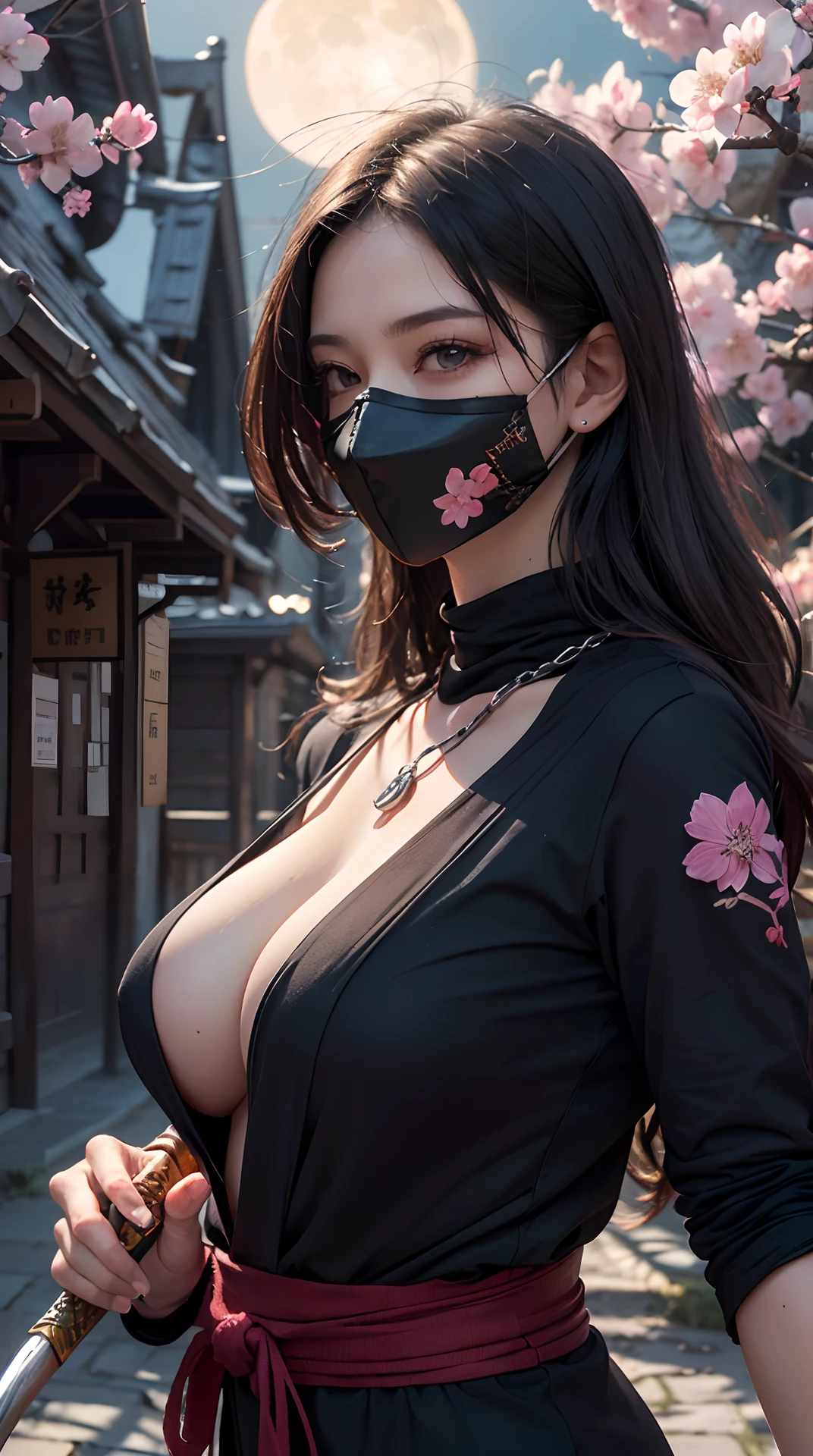(best quality,4k,8k,highres,masterpiece:1.2), ultra-detailed, (realistic,photorealistic,photo-realistic:1.37), (beautiful detailed eyes, beautiful detailed lips, extremely detailed eyes and face, long eyelashes), studio lighting,physically-based rendering,vivid colors, (big tits, super big tits, super extra big tits), (kunoichi, clothing with sexy and flashy designs, masks, ninja hoods, long hair), (shurikens, ninja swords, blowguns, chain scythes), (ninja villages, cherry blossom, by the light of moonlight),