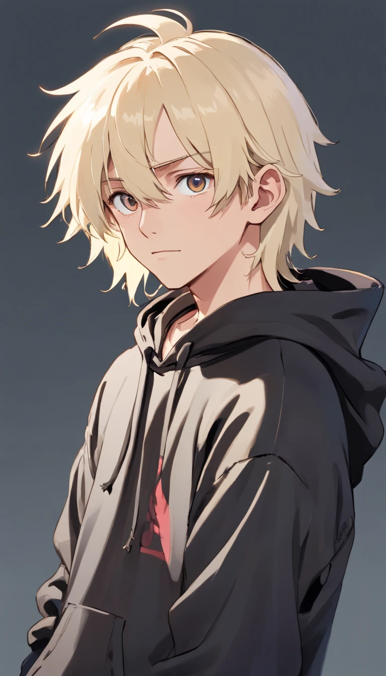 one male, skinny body, tired black eyes, eye bags, pale skin, blushing, nervous expression, platinum blond hair, mullet styled hair, long bangs, bandaged, scruffy appearance, emo, black hoodie, plain background