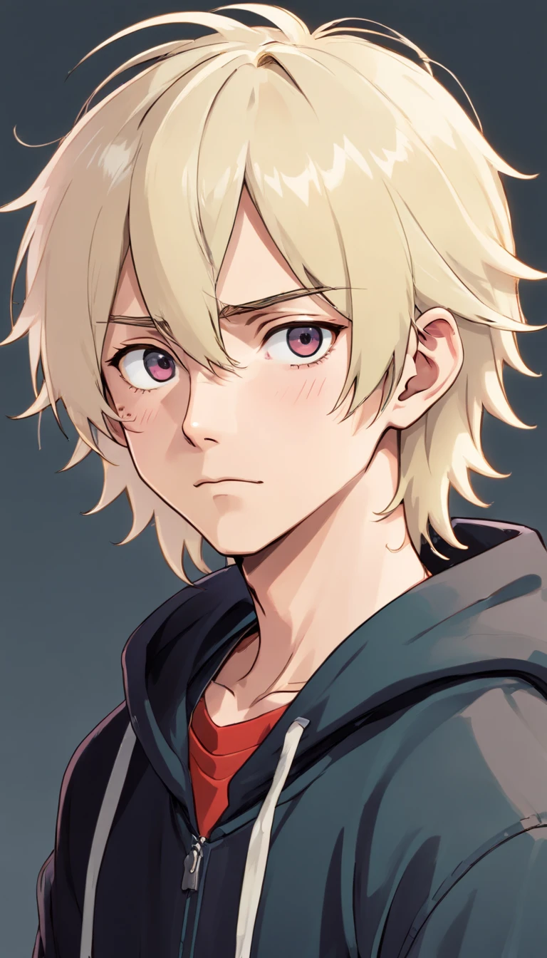 one male, skinny body, tired black eyes, eye bags, pale skin, blushing, nervous expression, platinum blond hair, mullet styled hair, long bangs, bandaged, scruffy appearance, emo, black hoodie, plain background