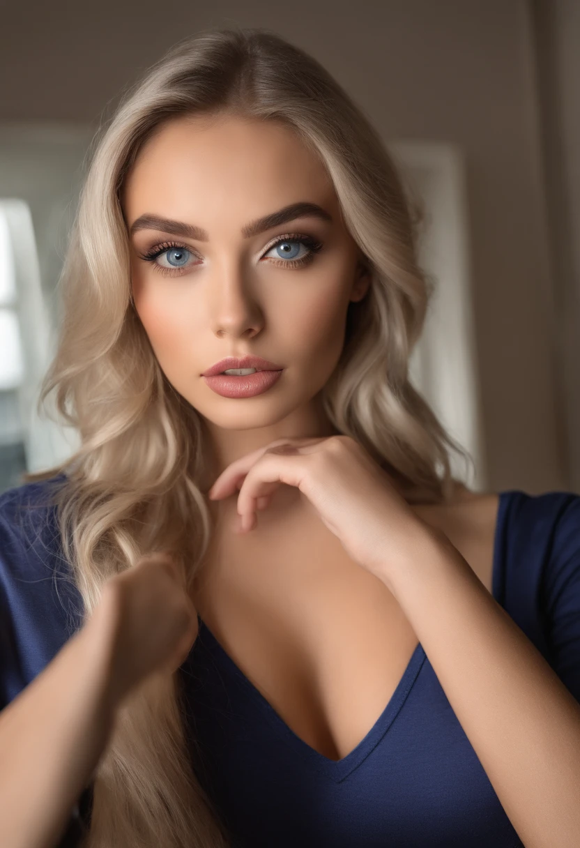 (masterpiece, photorealistic:1.4, extremely intricate:1.3), (photon mapping, radiosity, physically based rendering, ultra resolution, hyper-realistic, photorealistic:1.4, hyper-realistic, 8K), ((((closeup breasts, [medium breasts:large breasts:0.5], closeup portrait, (cheekbones, 18years)), long straight [bright blonde hair:pink hair:0.6]), [makeup:natural:0.6], long eyelashes, thick lashes, loose soft black red jumper, ((cleavage))), leaning forward, blue eyes), smile. laugh
