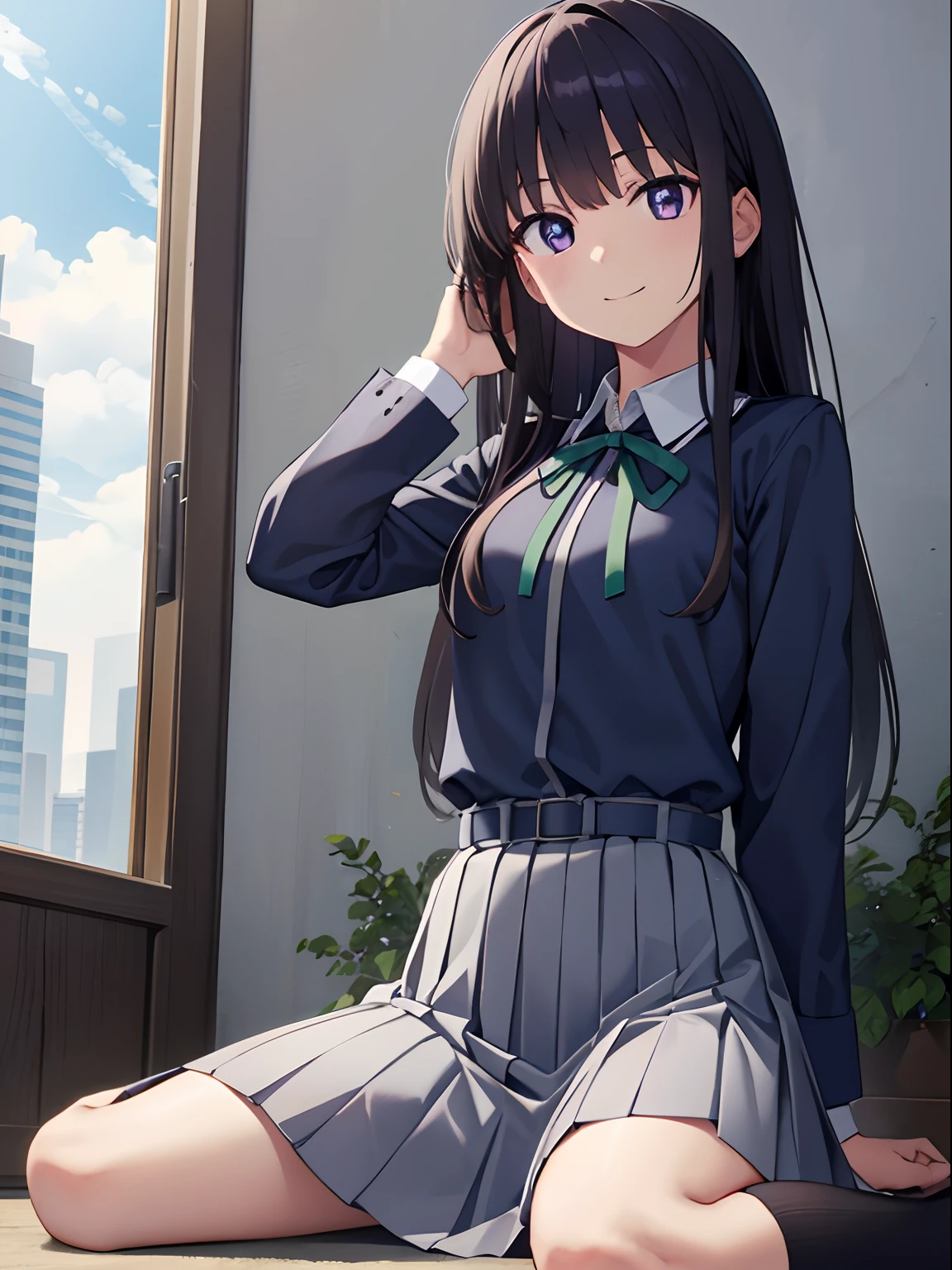takinainoue, Inoue Takina, Long hair,(((low twin tales))), bangs, Black hair, (Purple eyes:1.2), BREAK shirt, Long sleeves, dress, ribbon, school uniform, White shirt, Collared shirt, belt, Neck ribbon, Blue dress, Green Ribbon, Pleated dress, grey dress, Two-tone dresses, Blue belt, Lycoris Uniform, BREAK outdoors, City, Break (Masterpiece:1.2), Best quality, high resolution, Unity 8k wallpaper, (illustration:0.8), (Beautiful detailed eyes:1.6), Extremely detailed face, Perfect lighting, Extremely detailed CG, (Perfect hands, Perfect anatomy),BREAK (sitting,wariza,twintale,bedroom),smile