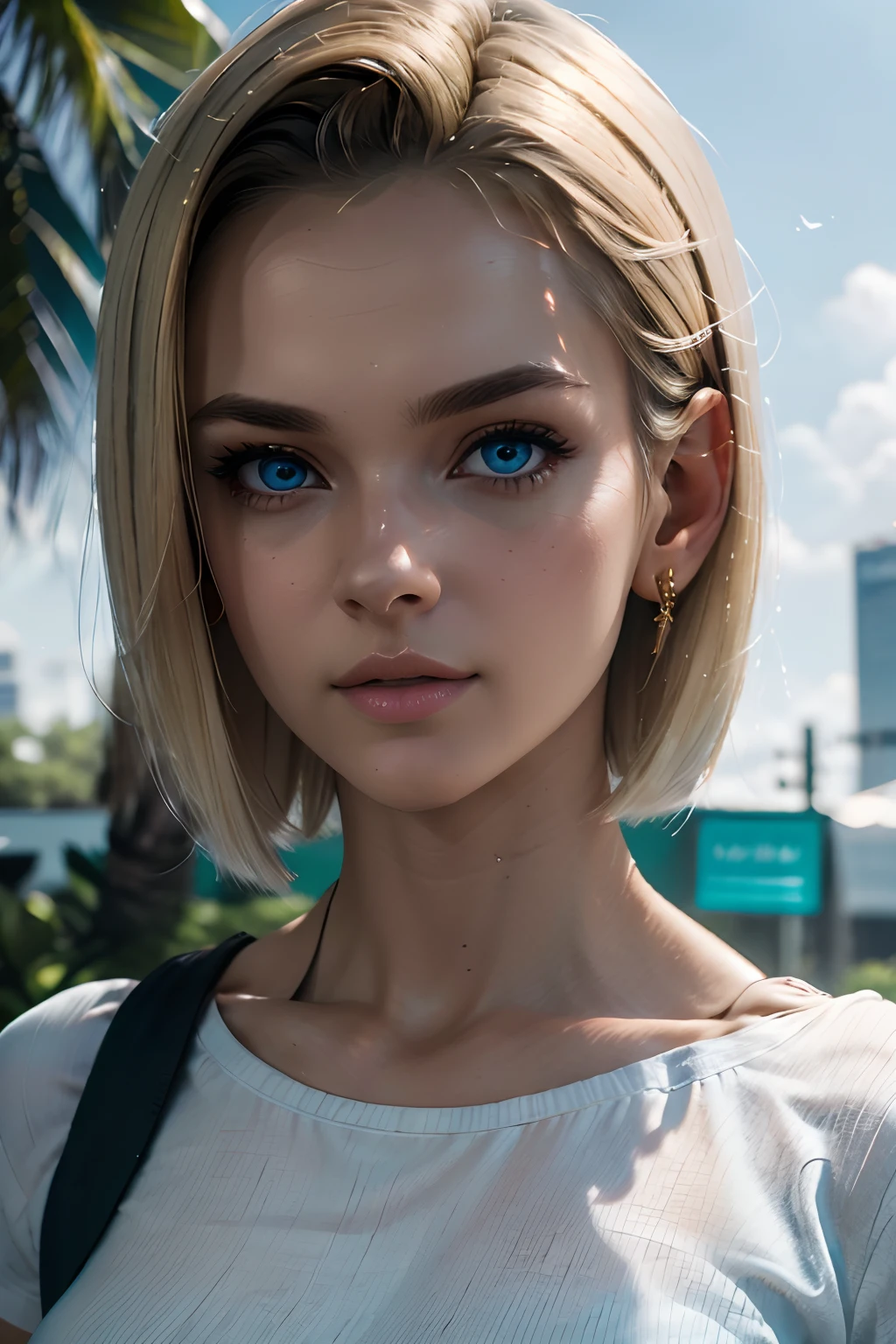 masterpiece, best quality, ultra-detailed, absurdres, Potrait of beautiful Android18DB, solo, short blonde hair, blue eyes,small breasts, outdoors, white shirt, black pants, volumetric lighting, best quality, masterpiece, intricate details, tonemapping, sharp focus, hyper detailed, trending on Artstation, city،night time,closed mouth,attractive pose