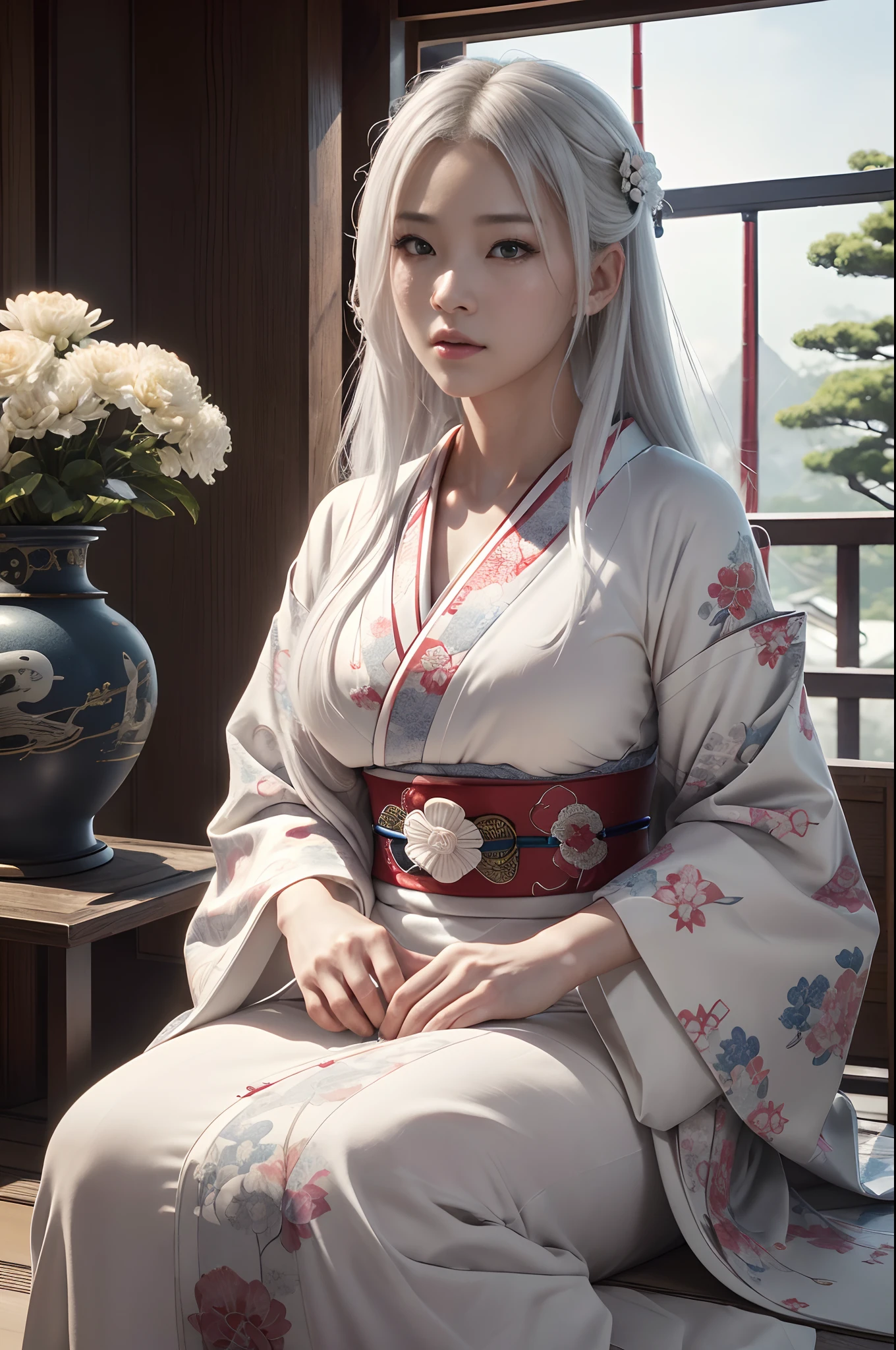 traditional Japanese kimono、Chrysanthemum、with floral pattern,Personification of the white snake,long white hair,Holding a dagger,(RAW shooting)、(hyper realstic、Top image quality)、8k、(realisitic、photoRealstic:1.3)、​masterpiece、超A high resolution、Stunning big、((Beautiful 35 year old Japan:1.3)Crystal clear white skin,Snake's Eye,sneering,A sexy,Natural soft light、(film grains、FujifilmXT3、8k uhd、Digital SLR、lens)、Hollywood lips、Wide jawline、wide lips、narrow beautiful nose、movie、(Up to 8K resolution for photos、complexly detailed、Convoluted、elegent、Expansiveness、Fantastical)、ultra-detailliert、Insane details、Beautifully color graded、unrealengine、The degree of freedom、Hyper-Resolution、Megapixel、cinematic lightening、Anti-aliasing、FKAA、TXAA、RTX、SSAO、Post-processing、Post Production、tonemapping、CGI、VFX、SFX、Insanely detailed and interesting、Hyper maximalist、hyper realstic、Volumetric、ultra photoreal、ultra -detail、intricate detailes、ultra -detail、fulcolor、Volume Lightning、HDR、reallistic、unrealengine、16K、Foconitide、octan render