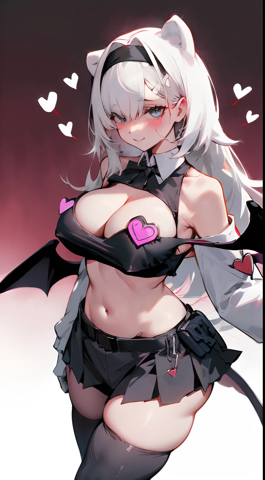 medium boob，cropped shoulders，Black over-the-knee stockings，Teacher's Uniform，Stand up，Heart-shaped decoration，succubi，have demon wings