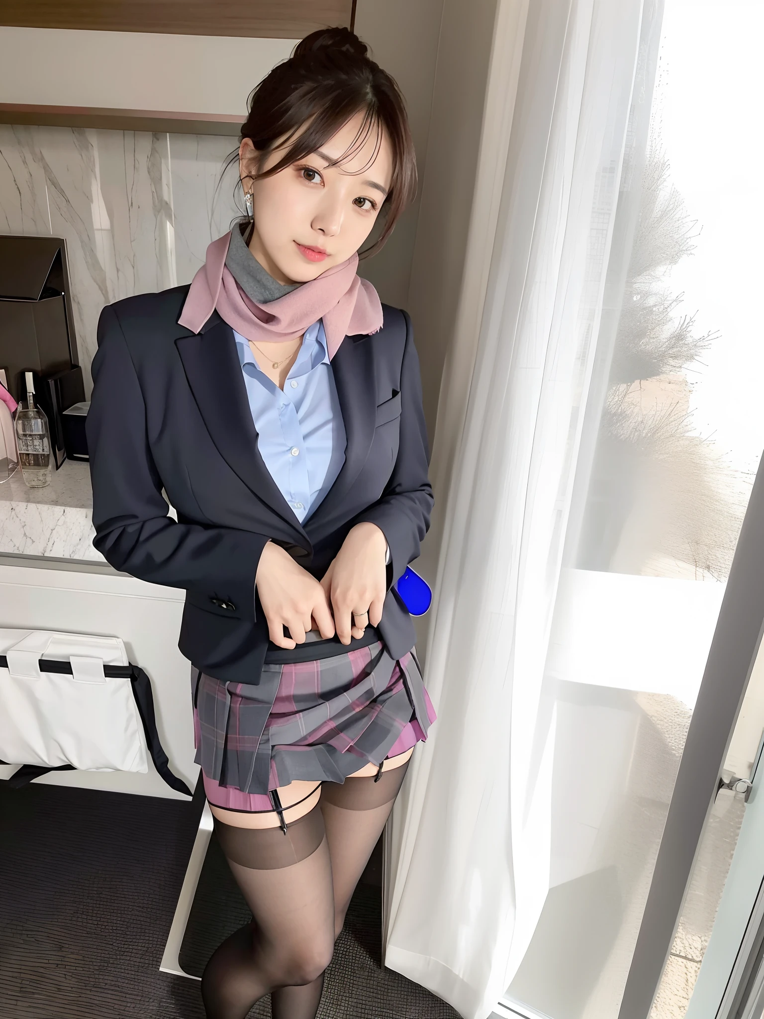 There is a woman in a suit and a pink scarf, Wear small panties、Ultra-realistic pantyhose、(Skirt lift:1.5), sakimichan, 奈良美智, in a strict suit, chiho, in a strict suit, sakimichan hdri, Bottom Angle, thighhighs and skirt, けもの, Wearing a strict business suit, reluvy5213