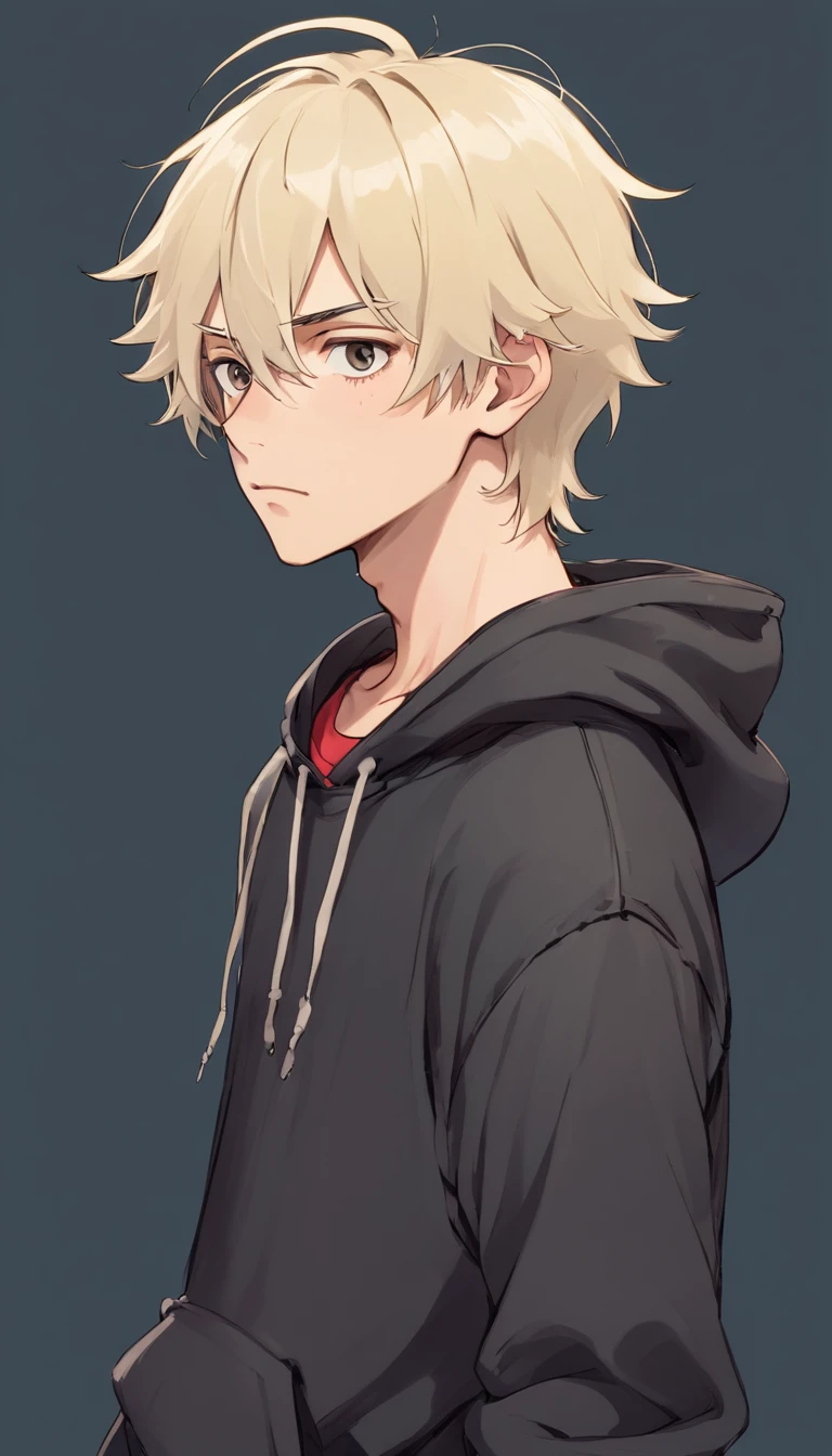 one male, skinny body, tired black eyes, moles, dark eye bags, pale skin, blushing, platinum blond hair, messy mullet styled hair, bandaged, scruffy and messy appearance, sickly appearance, emo, black hoodie, plain background