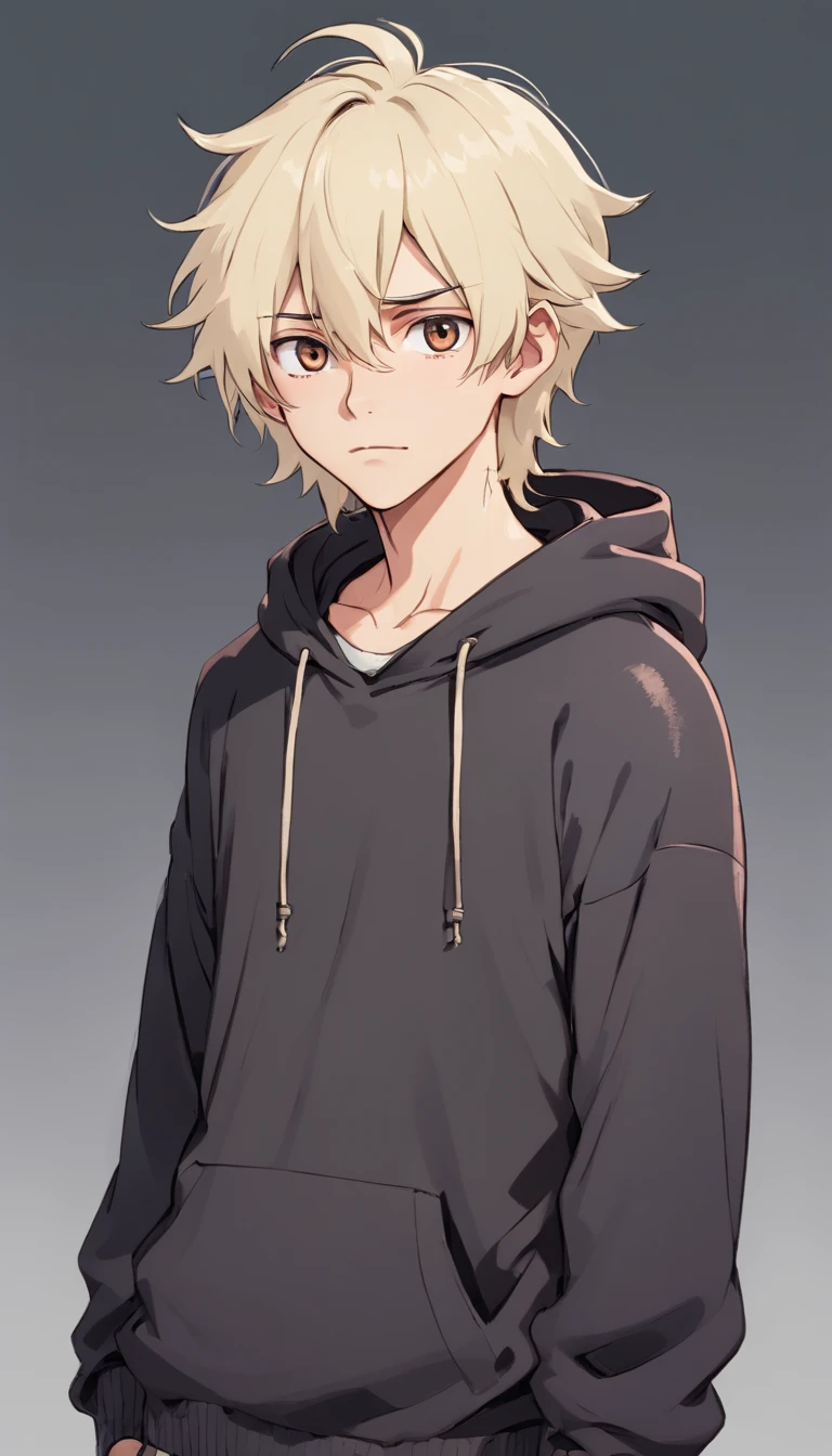 one male, skinny body, tired black eyes, moles, dark eye bags, pale skin, blushing, platinum blond hair, messy mullet styled hair, bandaged, scruffy and messy appearance, sickly appearance, emo, black hoodie, plain background