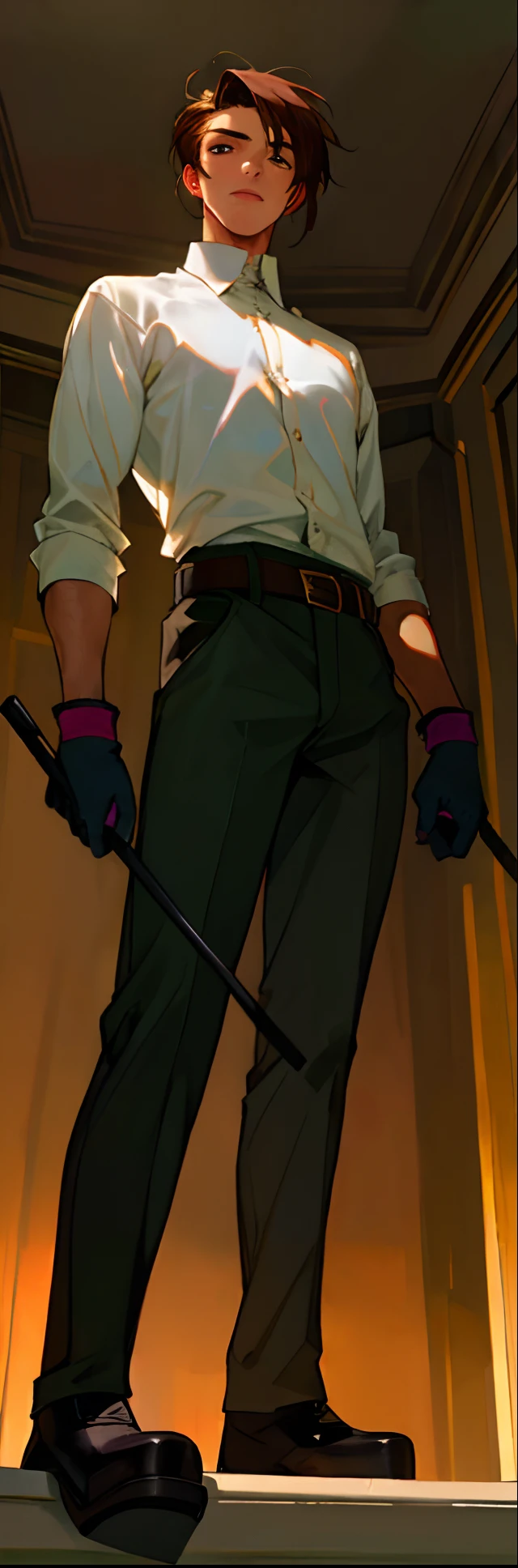 (highest resolution, distinct_image) best quality, a man, solo, masterpiece, highly detailed face, clear masculine face, semi realistic, brown hair,(23 years old:1.4), mature, tall strong,paladin,(luxury hotel room background:1.2), cold, serious, tall, handsome, powerful, demi-god, exquisite facial features, (full body)(combat_boots:1.4)(dark pants:1.3),( gloves:1.5)(long sleeves),solo,(looking at viewer),(from below0.4)(head turned upwards:0.3)(smiling:0.4)(holding riding crop:1.2)(muscular:1.2),(black belt), (shirt tucked in pants),(standing on ground), (marble floor)(mean:0.4)(seductive:0.5)(evil:0.6),detailed,(abs:0.9)(bdsm Equipment),(Link:1.3),Warrior,knight,(white button-up shirt)