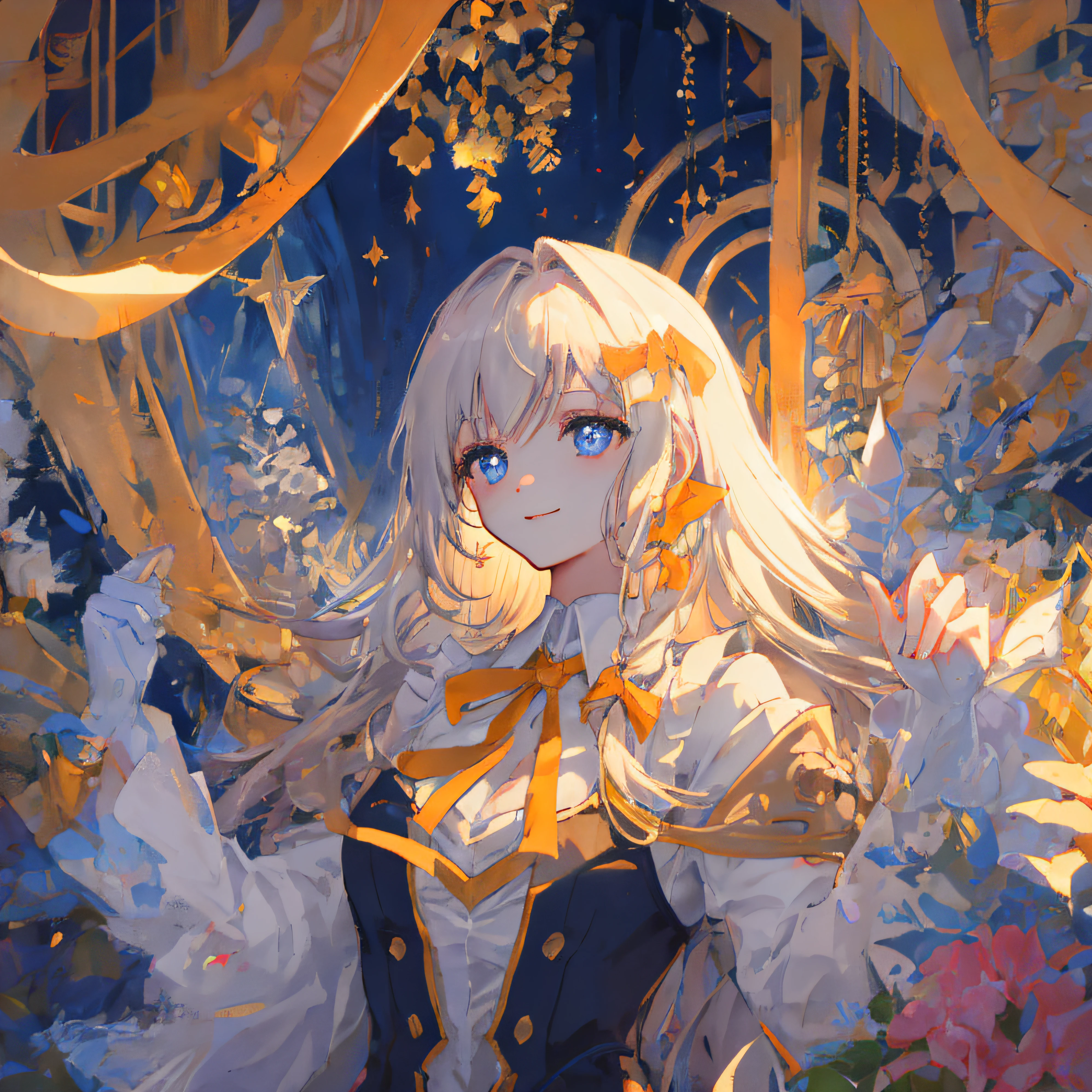 MKSKS style， tmasterpiece， top-quality， Hefty Smile， The upper part of the body， curvy build， Hestia （Tanmachi）， 1girll， 独奏， long whitr hair， blueribbon， double tails， mitts， Ribbons， shift dresses，  eBlue eyes， brunette color hair，mitts， looking at viewert， closing the mouth， tress ribbon， Bow knot， 无袖， sleevelessdress， By bangs， Blushlush，Hollow-out on， hair adornments， neck bowtie， Cut clothes， Very long hair， covered navel， arm ribbon，tightly dress， chest focus， The upper part of the body， super detailing， illustratio， closeup cleavage， straightened， sportrait， sface focus， :p，