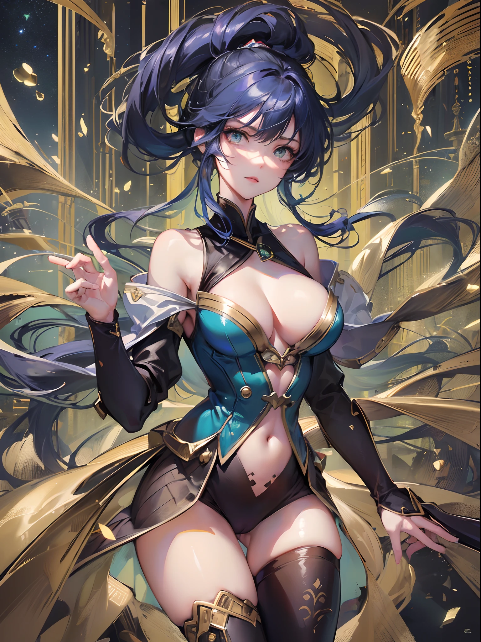 ((Finest quality)),(超A high resolution),(ultra-detailliert),(Meticulous portrayal),((Best CG)),(Finest works of art),Ultra-Precision Art,The art of astounding depiction,Fantasyart, ( Starry Midnight:1.3), (Windy wilderness:1.5), (1人の女性:1.5),(the witch),a navel,thighs thighs thighs thighs,boots,Dynamic poses:1.5:sneering:1.3,(Unleash the magic of light:1.5)