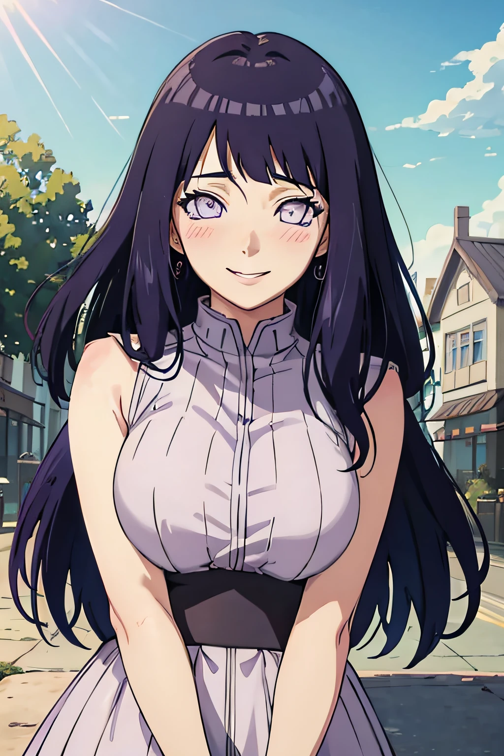 (((masterpiece))), HinataHyuga, blush, smile, 1girl, solo, long hair, looking at viewer, large breasts, purple hair, purple eyes, outdoors, sky, sleeveless, looking front, blunt bangs, white eyes,  Northern Europe,