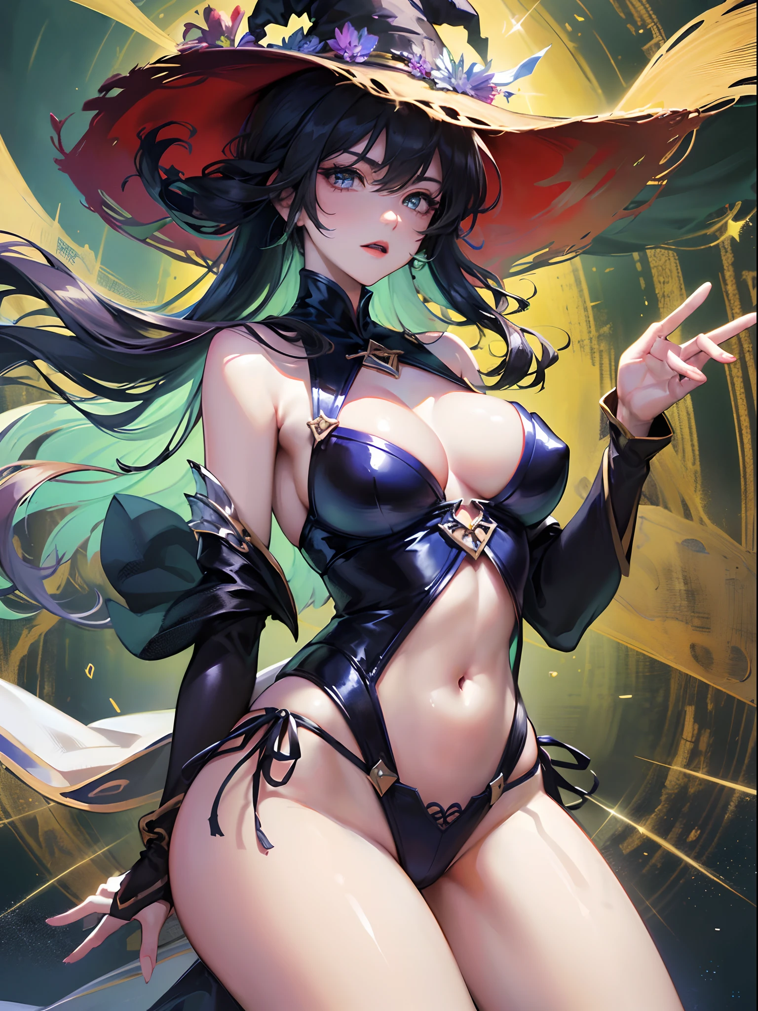 ((Finest quality)),(超A high resolution),(ultra-detailliert),(Meticulous portrayal),((Best CG)),(Finest works of art),Ultra-Precision Art,The art of astounding depiction,Fantasyart, ( Starry Midnight:1.3), (Windy wilderness:1.5), (1人の女性:1.5),(the witch),a navel,thighs thighs thighs thighs,boots,Dynamic poses:1.5:sneering:1.3,(Unleash the magic of light:1.5)
