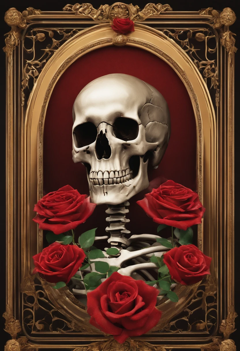 (There are many red roses growing on the skull:1.37), (The openwork frame is made of gold and rubies:1.3), (The open frame produces many roses:1.3),(cartoon skeleton), (All Souls' Day:). 8K'', (All Souls' Day:), (Half skeleton), (The skeleton matches the clothes perfectly),still from a music video, Skeleton made of red roses,. (The background is a desolate desert:1.3),film records