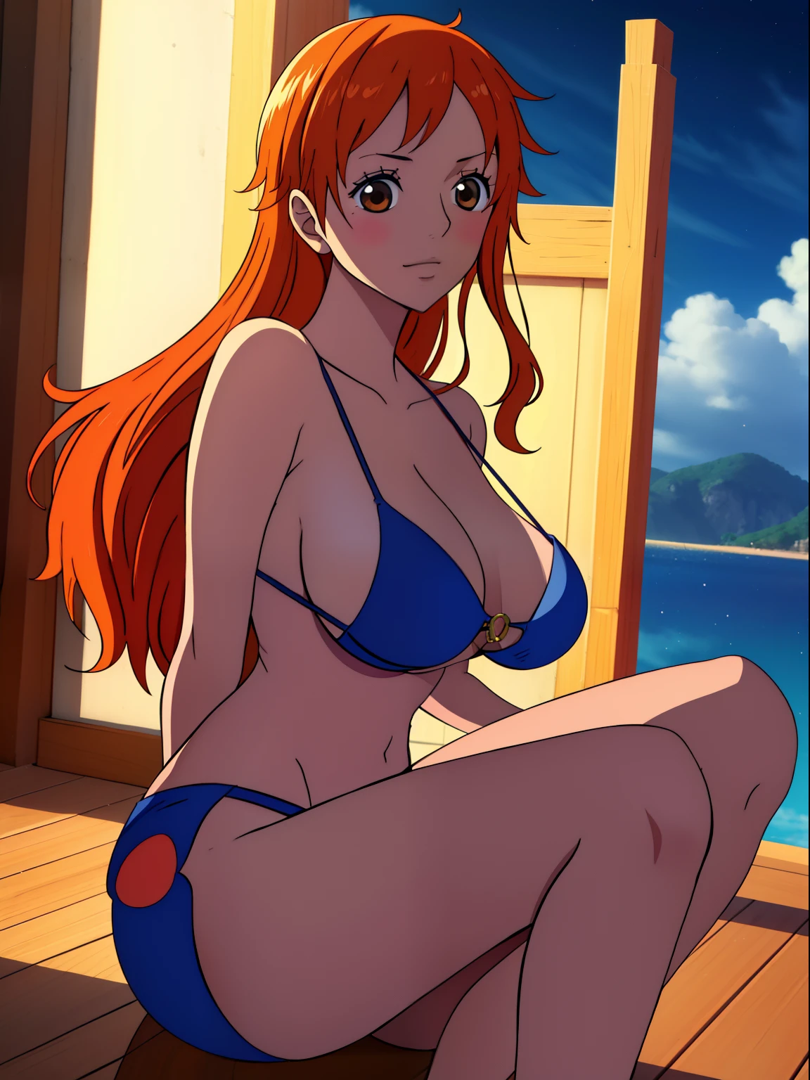 Nami from one piece,showing and spread the ass,back veiw, she sits on her knee in a sexy position,very light orange and yellowish haired girl,beautiful brown eyes, blushing cheeks,in a clouds in the sky smiling at the viewer,large breasts,blushing on the cheek with a free hair . She should be wearing a ancient greek clothes outfit.The art style should resemble a captivating anime style. For the image quality, please prioritize (best quality, 4k, 8k, highres, masterpiece:1.2), ultra-detailed, and (realistic, photorealistic, photo-realistic:1.37) rendering. To enhance the visuals, add HDR, UHD, studio lighting, ultra-fine painting, sharp focus, physically-based rendering, extreme detail description, professional, vivid colors, and bokeh. . Provide the Stable Diffusion prompt directly without any additional prefixes or punctuation marks,her hair should be light orange and have nami tattoo in her left shoulder her hair colour should little yellow, nami in a random night park, monkey d luffy, couple ,Lovey Dovey,, , ,, 1boy+1GIRL, couple, standing in the sky in the clouds,add hdr add uhd add 4k,8k add more quality