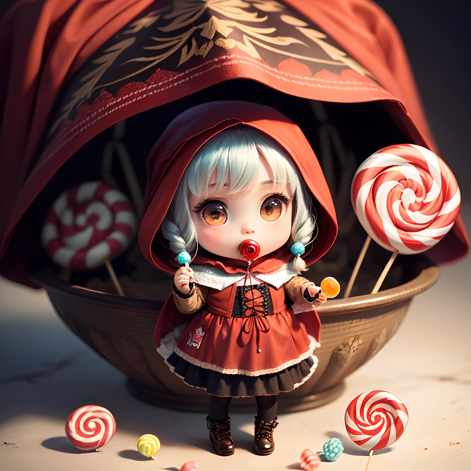masterpiece、top-quality、ultra-detailliert、(Chibi Chara:1.3)、(Little Red Riding Hood:1.5),(Horror Lollipop Candy:1.3)、full body Esbian、(skeletal:1.3)、skeletal、🎃