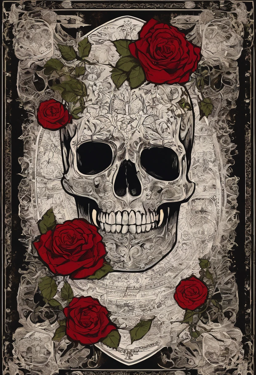 （There are many red roses growing in the skull：1.37）, （The openwork frame is made of gold and rubies：1.3）, （The openwork frame grows a lot of roses：1.3），（Cartoon skeleton）, （Jour des morts）. 8 k'', （Jour des morts）, （Skeleton half）, （The skeleton blends perfectly with the clothes），still from a music video, Skeleton made of red roses,. （The background is a desolate desert：1.3），filmposter