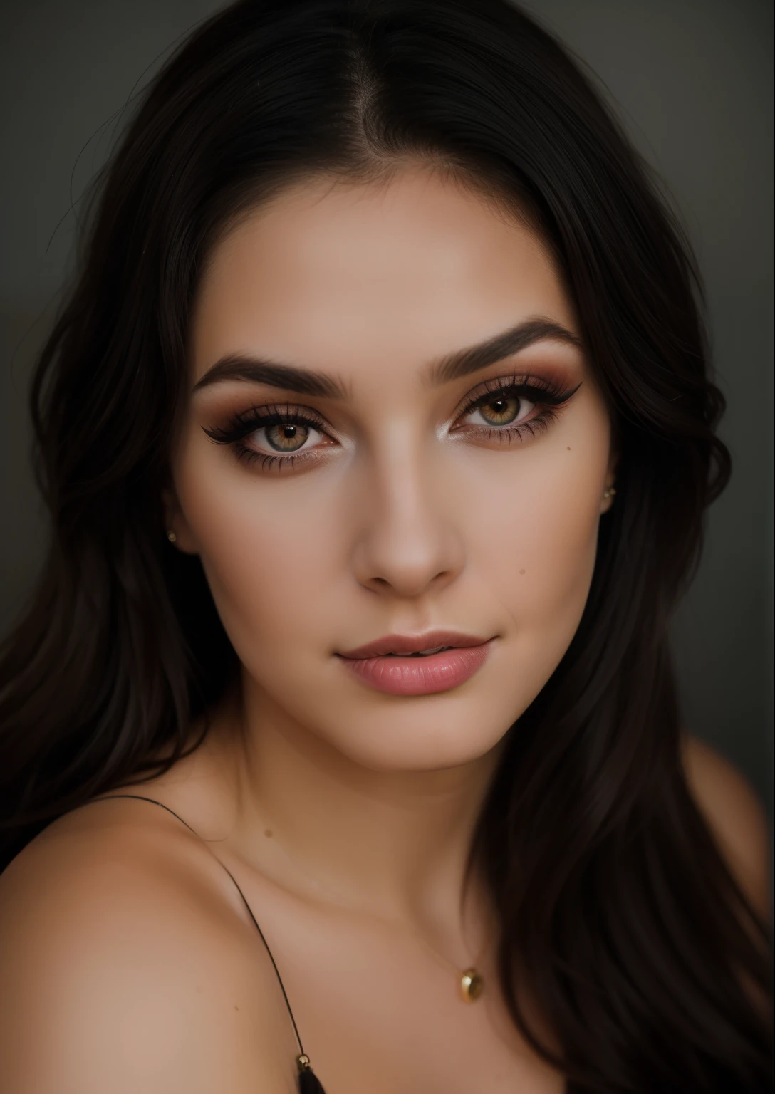 ((highly detailed skin, skin details)), RAW, analog style, A stunning portrait of a young, beautiful (slovac:2.0) woman with striking features. She should have long, flowing black hair, wide eyed, mouth slightly open, and an alluring expression. The background should be neutral and simple, allowing the woman to be the image's focal point. ((skin detail)), Please pay close attention to the details, such as the highlights and shadows on her face and hair, to create a lifelike and realistic image. ((Heavy makeup and mascara)) Experiment with different lighting techniques to enhance the mood and atmosphere of the portrait. The final product should be a masterpiece that captures the essence and beauty of the woman, sharp focus, volumetric fog, 8k UHD, DSLR, high quality, film grain, Fujifilm XT3, full body, (professional colour grading:1.5)