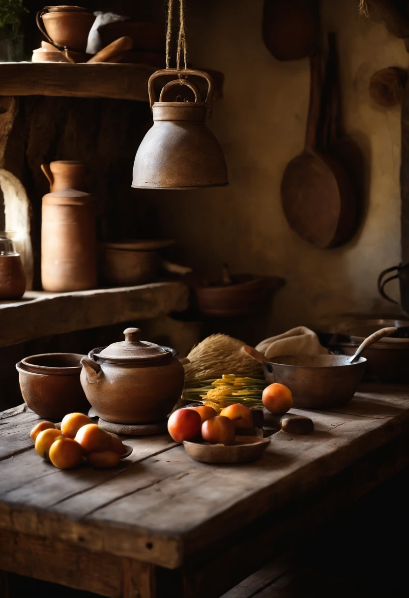 A photo of a rustic table, com farinha de trigo espalhada, Kitchen utensils. Italia