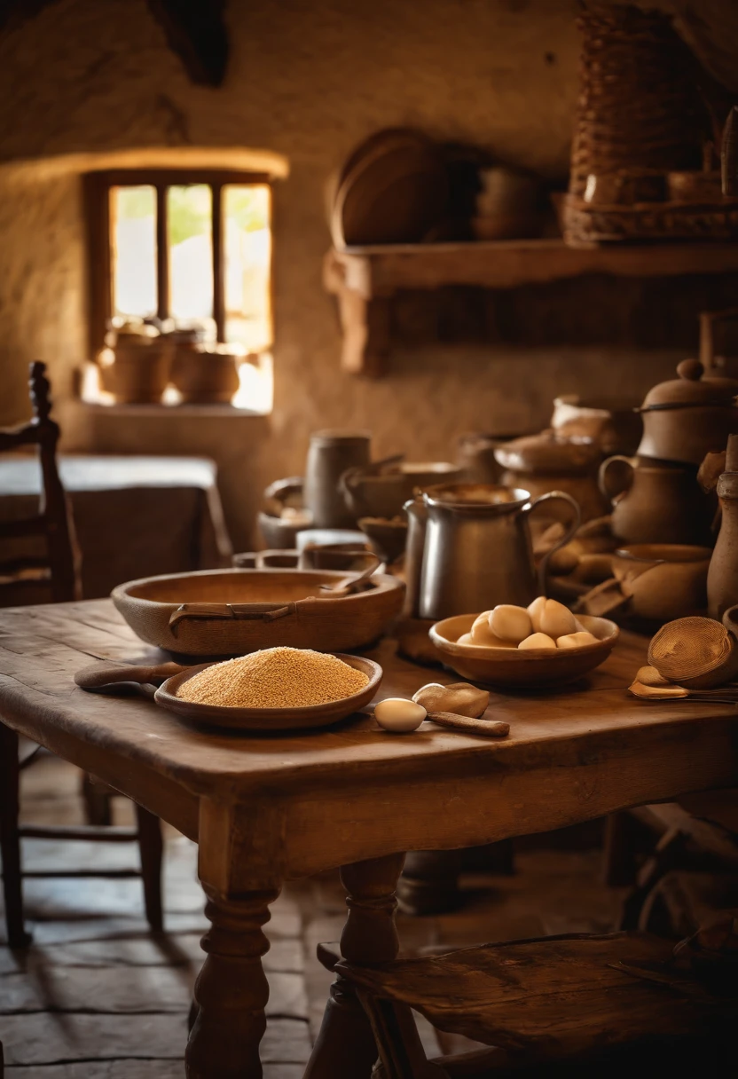 A photo of a rustic table, com farinha de trigo espalhada, Kitchen utensils. Italia