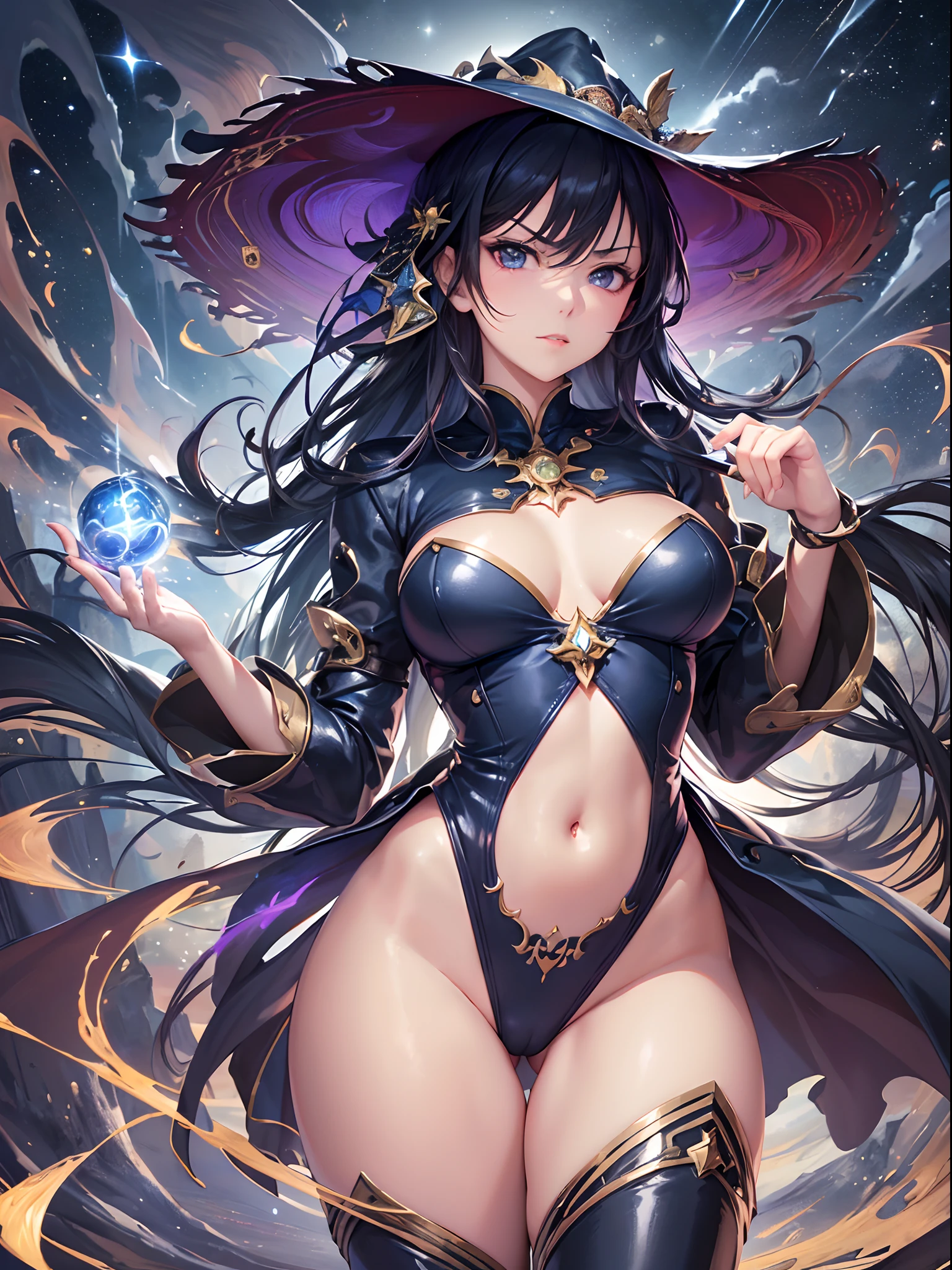 ((Finest quality)),(超A high resolution),(ultra-detailliert),(Meticulous portrayal),((Best CG)),(Finest works of art),Ultra-Precision Art,The art of astounding depiction,Fantasyart, ( Starry Midnight:1.3), (Windy wilderness:1.5), (1人の女性:1.5),(the witch),a navel,thighs thighs thighs thighs,boots,Dynamic poses:1.5:sneering:1.3,(Unleash the magic of light:1.5)