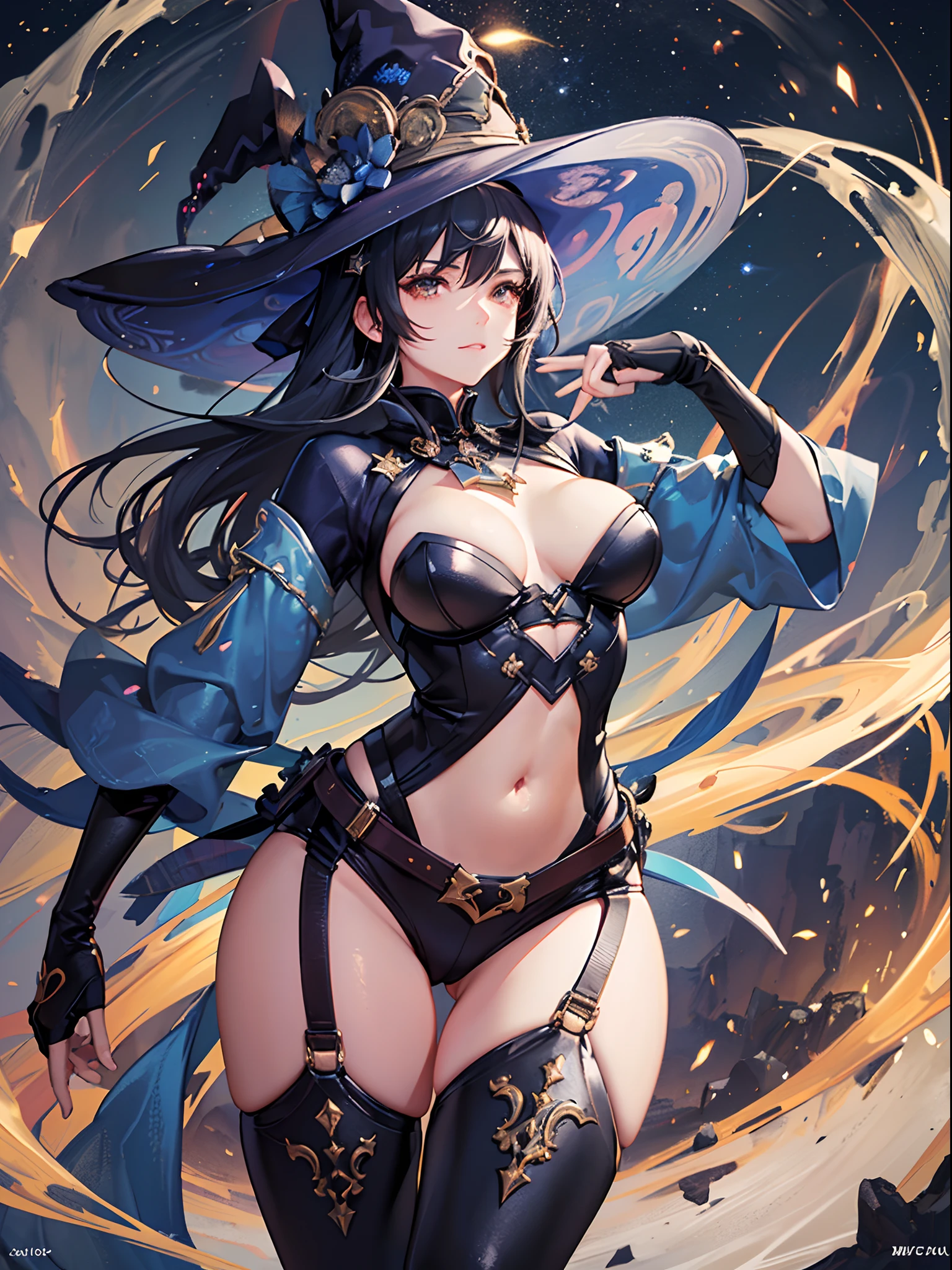 ((Finest quality)),(超A high resolution),(ultra-detailliert),(Meticulous portrayal),((Best CG)),(Finest works of art),Ultra-Precision Art,The art of astounding depiction,Fantasyart, ( Starry Midnight:1.3), (Windy wilderness:1.5), (1人の女性:1.5),(the witch),a navel,thighs thighs thighs thighs,boots,Dynamic poses:1.5:sneering:1.3,(Unleash the magic of light:1.5)