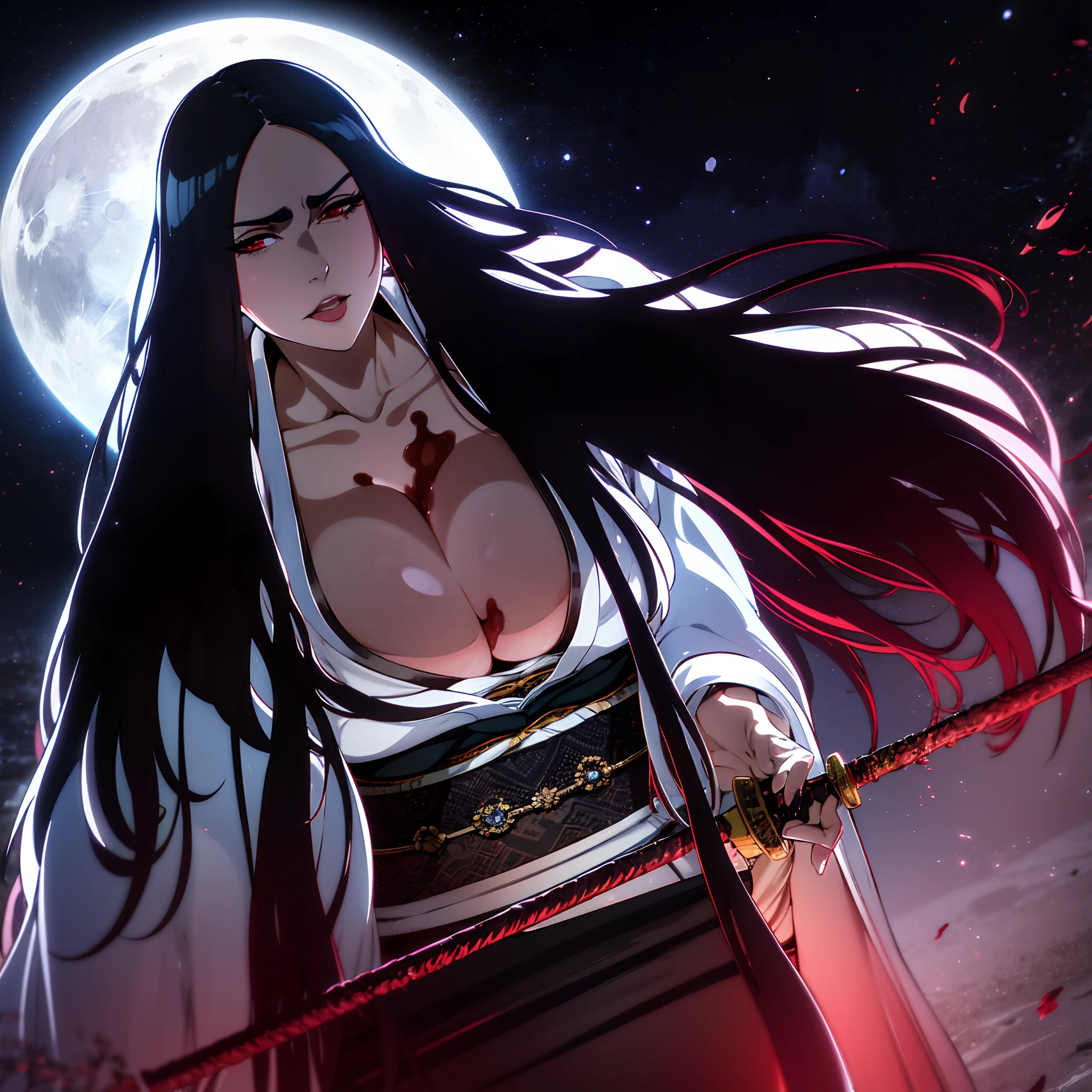 Solo,cleavage, haori, thick thighs, outstanding details,big breasts , kimono, parted lips, sword, standing up,huge boobs,standing by side,bigbass,holding a sowrd,on top ofmountain, beautiful, tall,moon,blood ,angry, fighting,