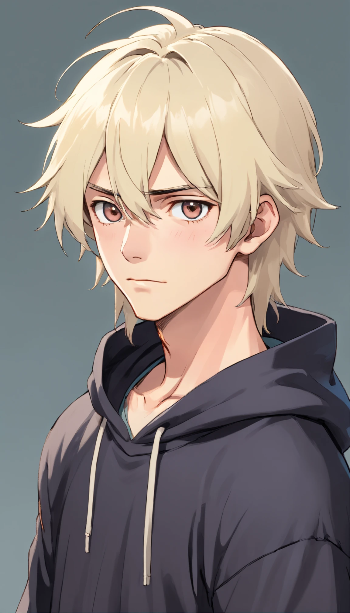 one male, skinny body, tired black eyes, eye bags, pale skin, blushing, platinum blond hair, mullet styled hair, bandaged, scruffy appearance, emo, black hoodie, plain background