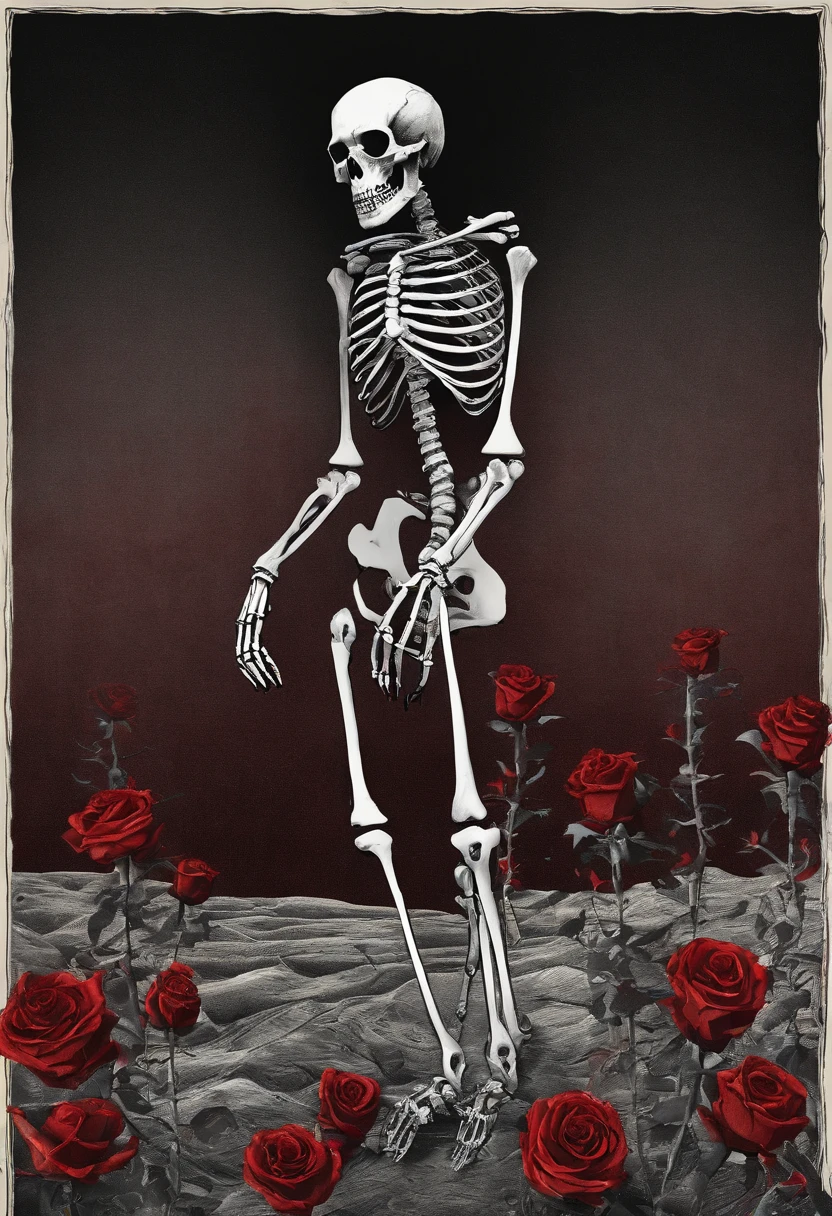 masterpiece, ccurate, anatomically correct, super detail, highres, best quality, award winning, (skeleton standing in front of a single grave, holding a rose in his hand, mountain by the seacoast, midnight, dark sky, rain, moonlight cast on the grave), 1 single grave, no more than 1 grave, skeleton is standing behind te grave, not standing on the grave, cannot stand on the grave, standing in front of grave, realistic skeleton, anatomically correct skeleton, side view, midnight:1.2