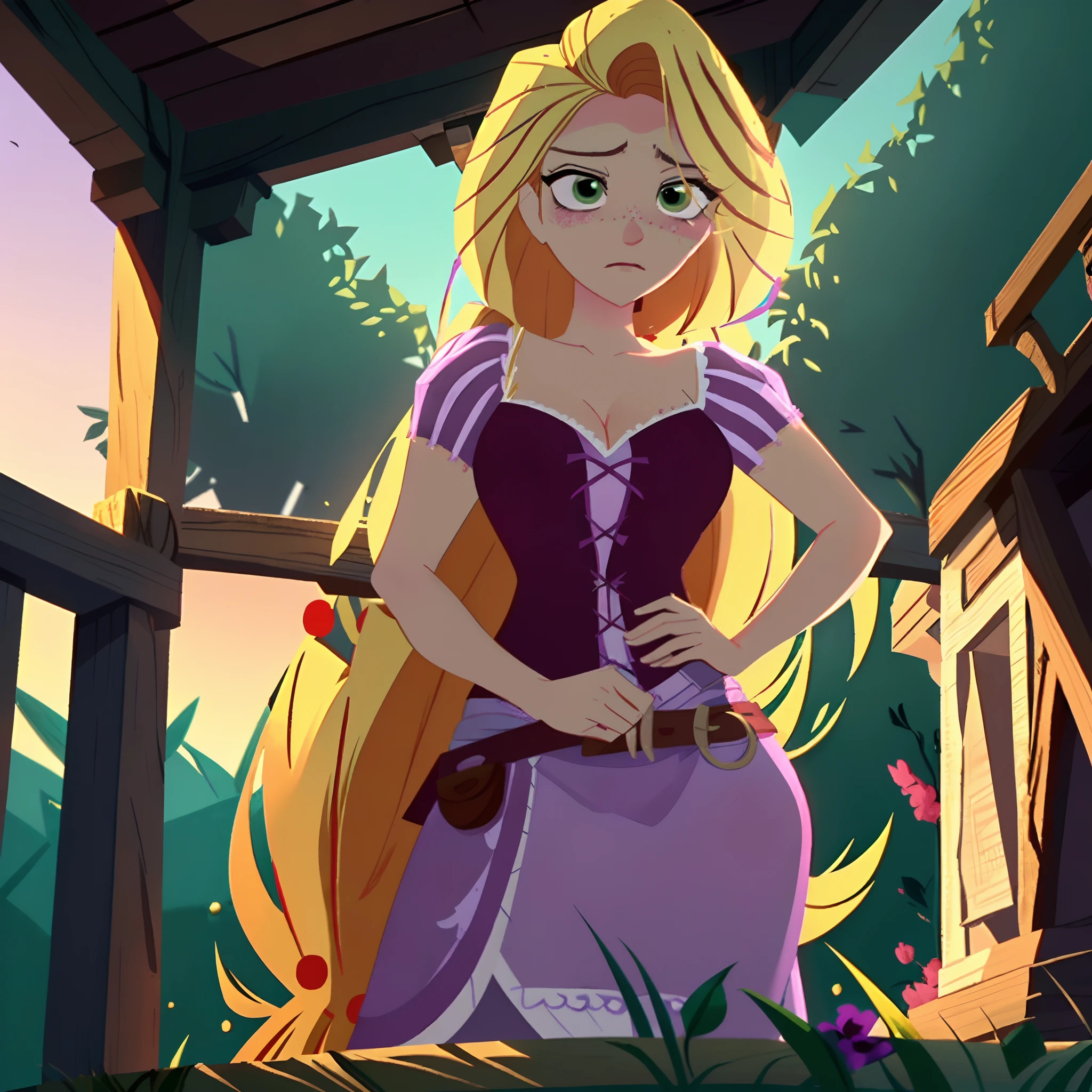 Rapunzel was robbed and beaten outside of a forest cabinet, and had endured hours of pain, beatings, slashes, gun shots, and blows. Now she just stares out at the sunset, green eyes barely open, and unable to pick herself up or breath easily hoping for someone to save her. (Rapunzel, big breasts: 1.9), (loose_hair: 2.2), (tattered, ripped, shredded purple lace dress: 1.9), (dishelved long blond hair: 1.4), Rapunzel knocked out on a porch: 1.9), Rapunzel scarred, bruised, and exhausted: 1.9), (Green eyes shut: 1.9), (Rapunzel has a miserable and painful facial expression: 1.8), (Rapunzel stuck on her back and her head looking to the  right: 1.9), (detailed Rapunzel character: 1.9), (close up view: 1.9), (brutal environment: 1.6), (pieces of the dress torn off: 1.9)