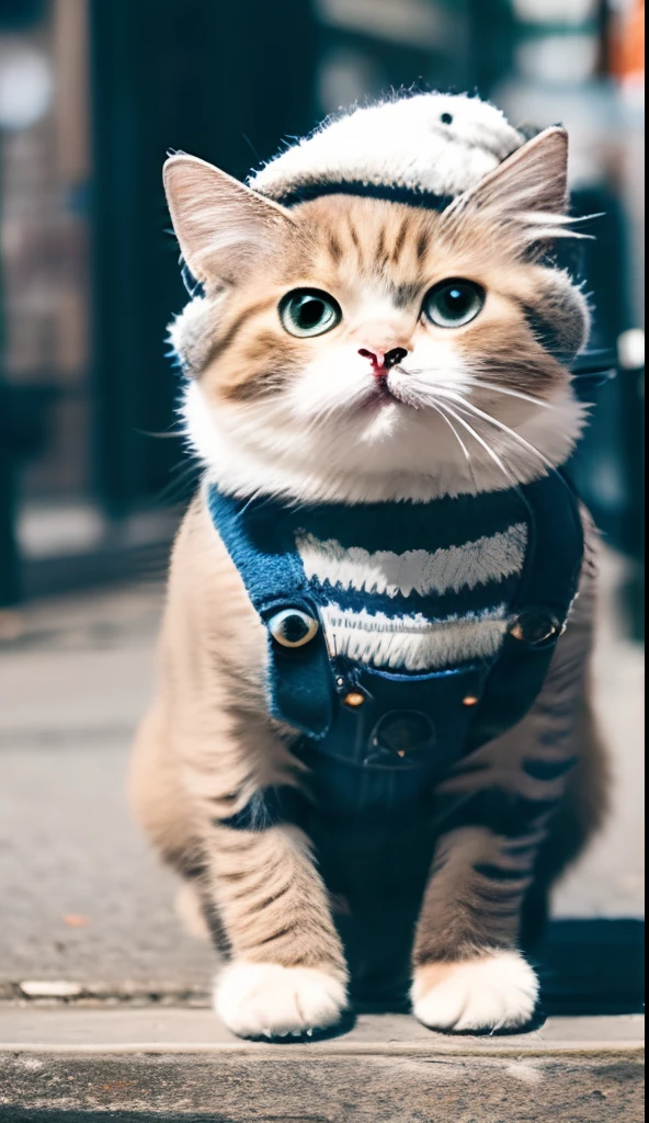 Wearing a knitted hat,Cute cat standing in jeans in the city,Various poses