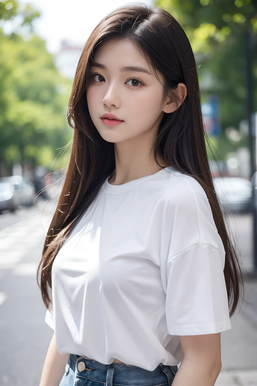 ​masterpiece、of the highest quality、One girl、15 year old girl、Natural light、A dark-haired、Straight long hair、Colossal tits、、a park、Neat girl、no-makeup、write、Fashion magazine trends、Women's Magazine Trends、cute little、Cute summer clothes、Neat summer clothes、