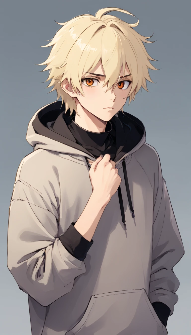 one male, skinny body, tired black eyes, moles, dark eye bags, pale skin, blushing, platinum blond hair, spiked black choker, messy mullet styled hair, bandaged hands, scruffy and messy appearance, sickly appearance, emo boy, black baggy hoodie, plain background,
