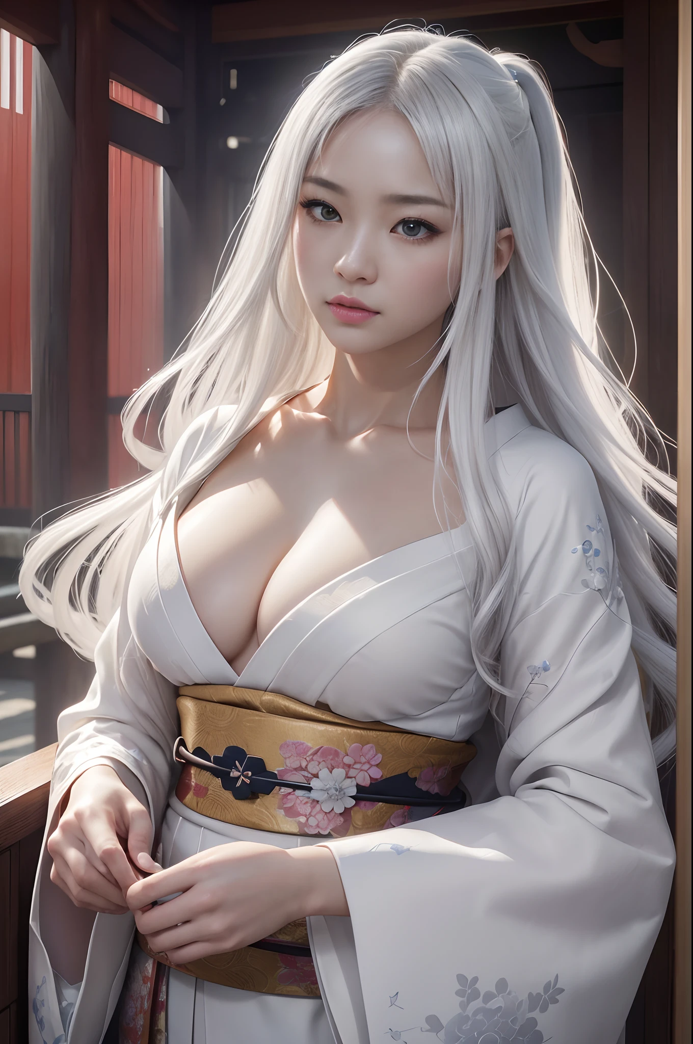 traditional Japanese kimono、Chrysanthemum、with floral pattern,Personification of the white snake,long white hair,Holding a dagger,closing eye,sneering,(RAW shooting)、(hyper realstic、Top image quality)、8k、(realisitic、photoRealstic:1.3)、​masterpiece、超A high resolution、Stunning big、((Beautiful 35 year old Japan:1.3)Crystal clear white skin,Close your eyes tightly,A sexy,Natural soft light、(film grains、FujifilmXT3、8k uhd、Digital SLR、lens)、Hollywood lips、Wide jawline、wide lips、narrow beautiful nose、movie、(Up to 8K resolution for photos、complexly detailed、Convoluted、elegent、Expansiveness、Fantastical)、ultra-detailliert、Insane details、Beautifully color graded、unrealengine、The degree of freedom、Hyper-Resolution、Megapixel、cinematic lightening、Anti-aliasing、FKAA、TXAA、RTX、SSAO、Post-processing、Post Production、tonemapping、CGI、VFX、SFX、Insanely detailed and interesting、Hyper maximalist、hyper realstic、Volumetric、ultra photoreal、ultra -detail、intricate detailes、ultra -detail、fulcolor、Volume Lightning、HDR、reallistic、unrealengine、16K、Foconitide、octan render