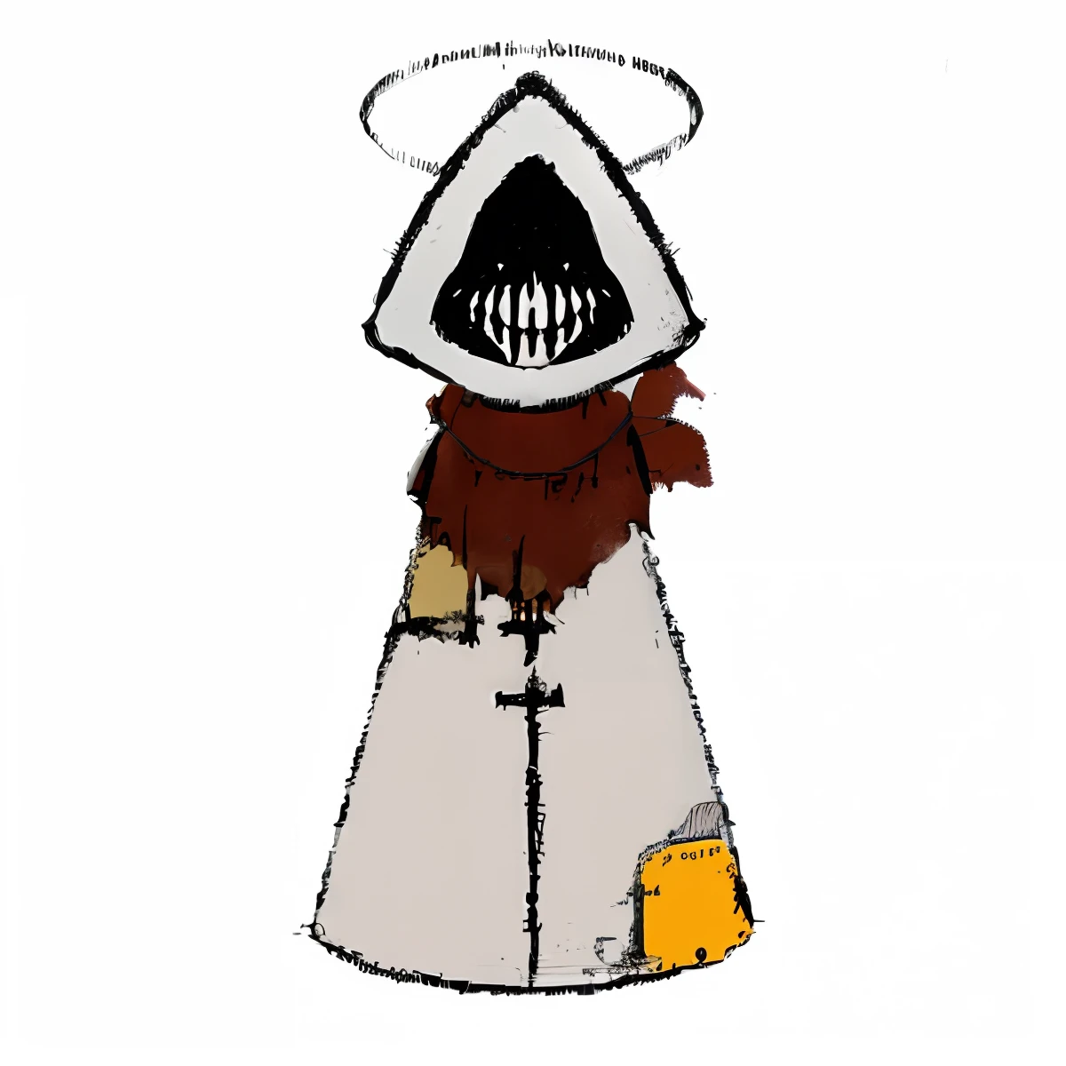 Cartoon drawing of a costumed person with a demon's head, Pyramid head, Pyramid Head on Silent Hill, Hooded figure, dressed like a cleric, dunce, Cultists in yellow robes, plague doctor, Faceless twisted god, the reaper as a scary, an evil nun, Knights Templar in spacesuits, plague doctor