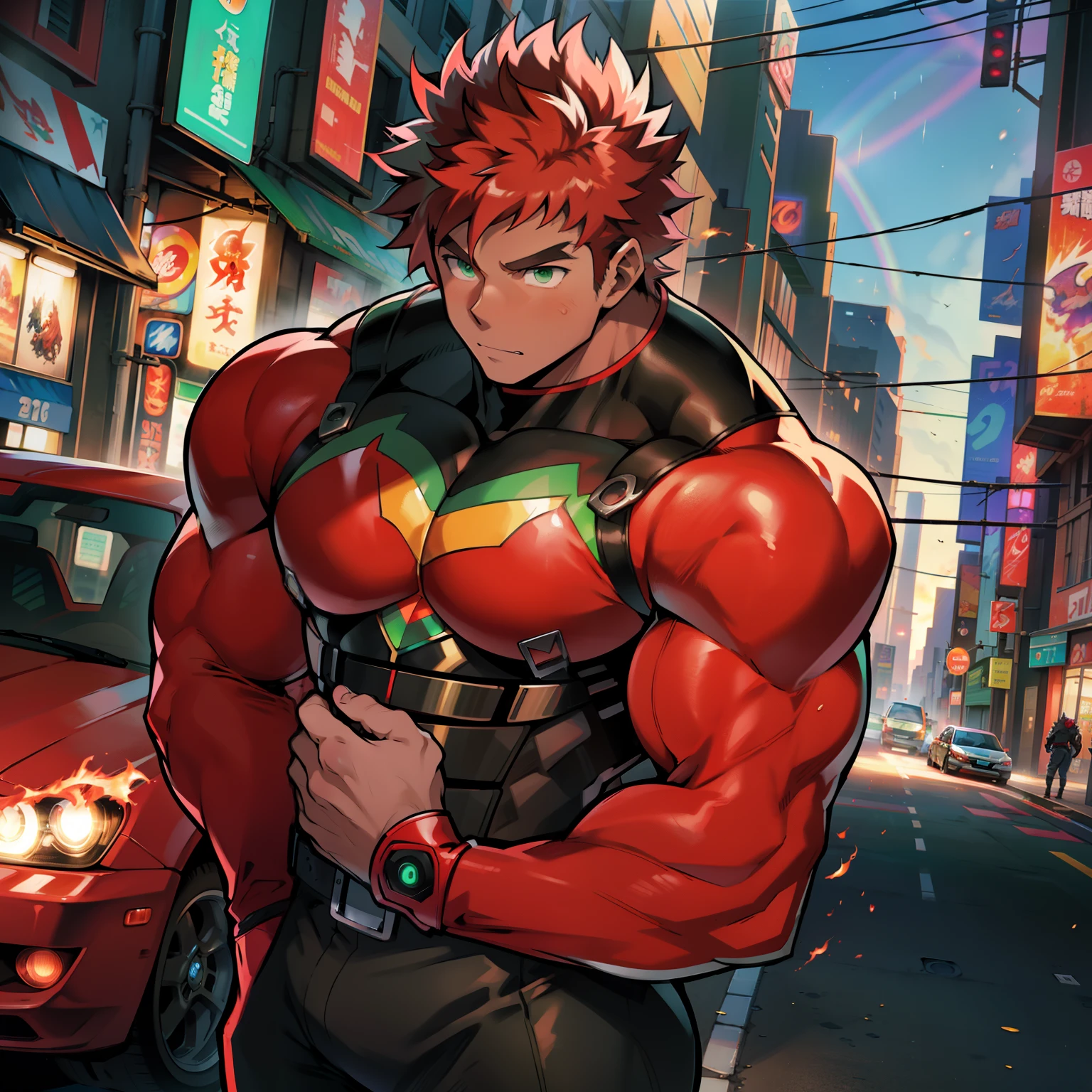 ((Anime style art)), Extremely muscular masculine character, tan skin, rainbow hair, green eyes s, bodybuilder body, tight red corset, ((flaming hands)) futuristic crystal rustic cityscape, Busy route, Buildings, person
AS & Vehicles. Main character from the anime, suoerhery, Nice image, Hard drive, 4k, Main character