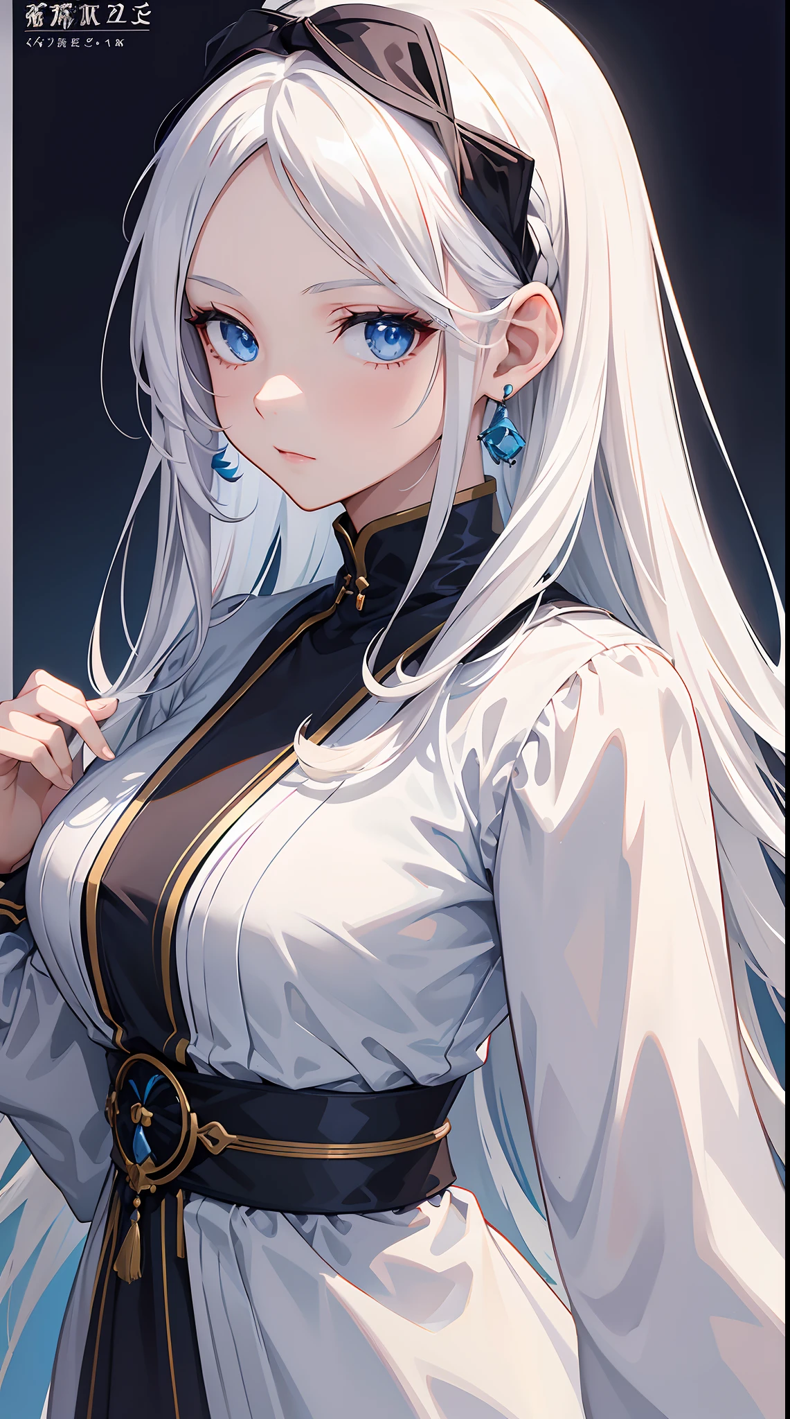 Cover magazine, anime, woman, solo, long hair, white hair, blue eyes, model, beautiful, fantasy, Casual clothes. Hair accessories. Unusual hairstyles. Earrings. Upper body potrait. Side forehead comma hair