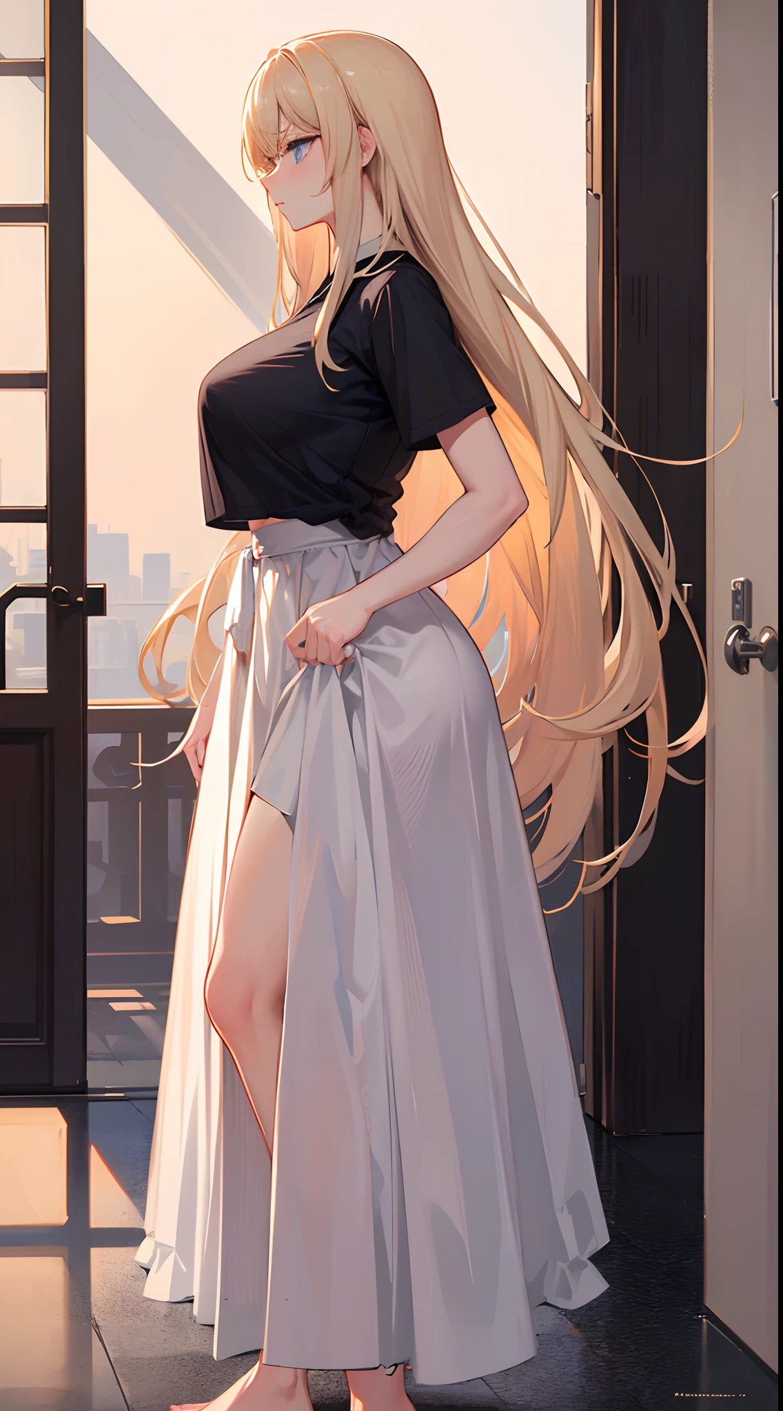 A woman with blond hair and blue eyes.. Long hair She walked out the door with a sleepy expression on her face..Wear a long T-shirt.. Slim profile, Fair-skinned, large boobs, Slightly blushing..,