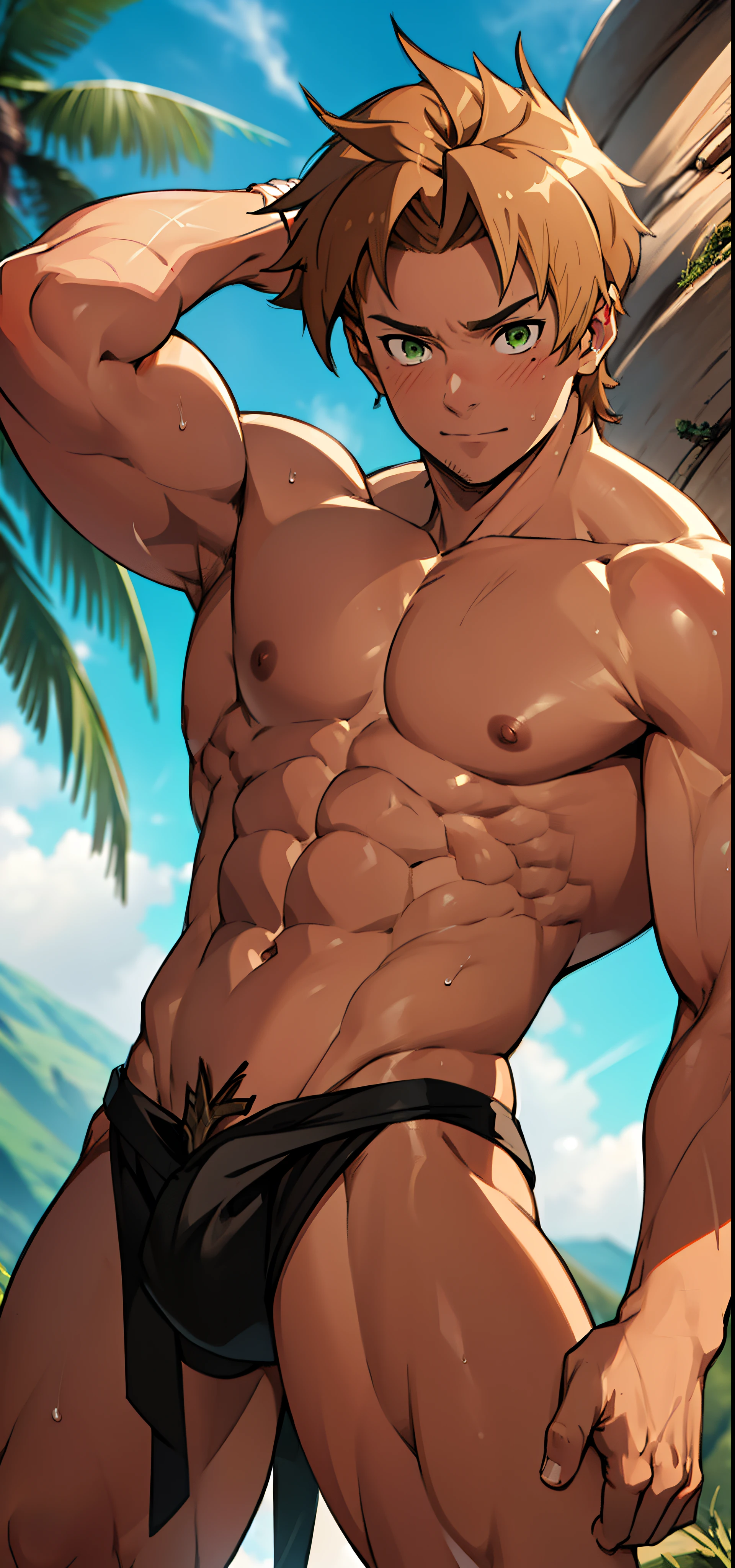 ( Close-up)( Close-up of the charming body, Sexy body close-up ) short hair , short spiky hairstyle, Red skin,  shiny skin, tanned skin, rosy skin, bright red skin, the boy blushed shyly , red face (photo angle from bottom up) (photo angle from the ground upwards) [Anime photo][highest quality photo][4k,HD photo quality ] wear tight and short loincloths ,the loincloth bulges due to the erect male genitals (muscular thigh muscles, firm thigh muscles, muscular thigh muscles, sinewy thigh muscles, giant thigh muscles, strong leg muscles, muscular hamstring leg muscles)(thigh muscles bulging as if about to explode, muscular, calloused, sinewy, giant) , Rudeus Greyrat, shy, pondering, thinking, pensive, tired, bodybuilder,bodybuilding, standing, lots of sweat flowing down, topless, shirtless, hot sunny, 8 pack abs  , green eyes, 1 hand raised to expose the armpit and place it on the back of the neck