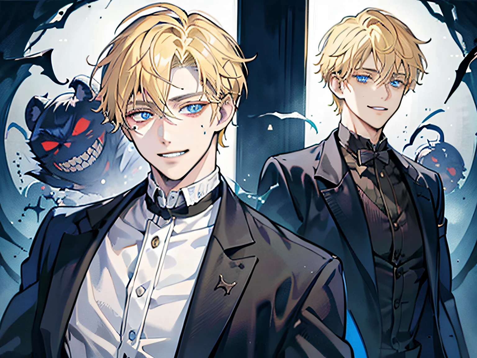 a handsome man,1 boy, Blonde hair, Blue eyes, 20 years old,,Shaded face、Scary smile、Psychopathic grin,creepy expression,The background is dim
